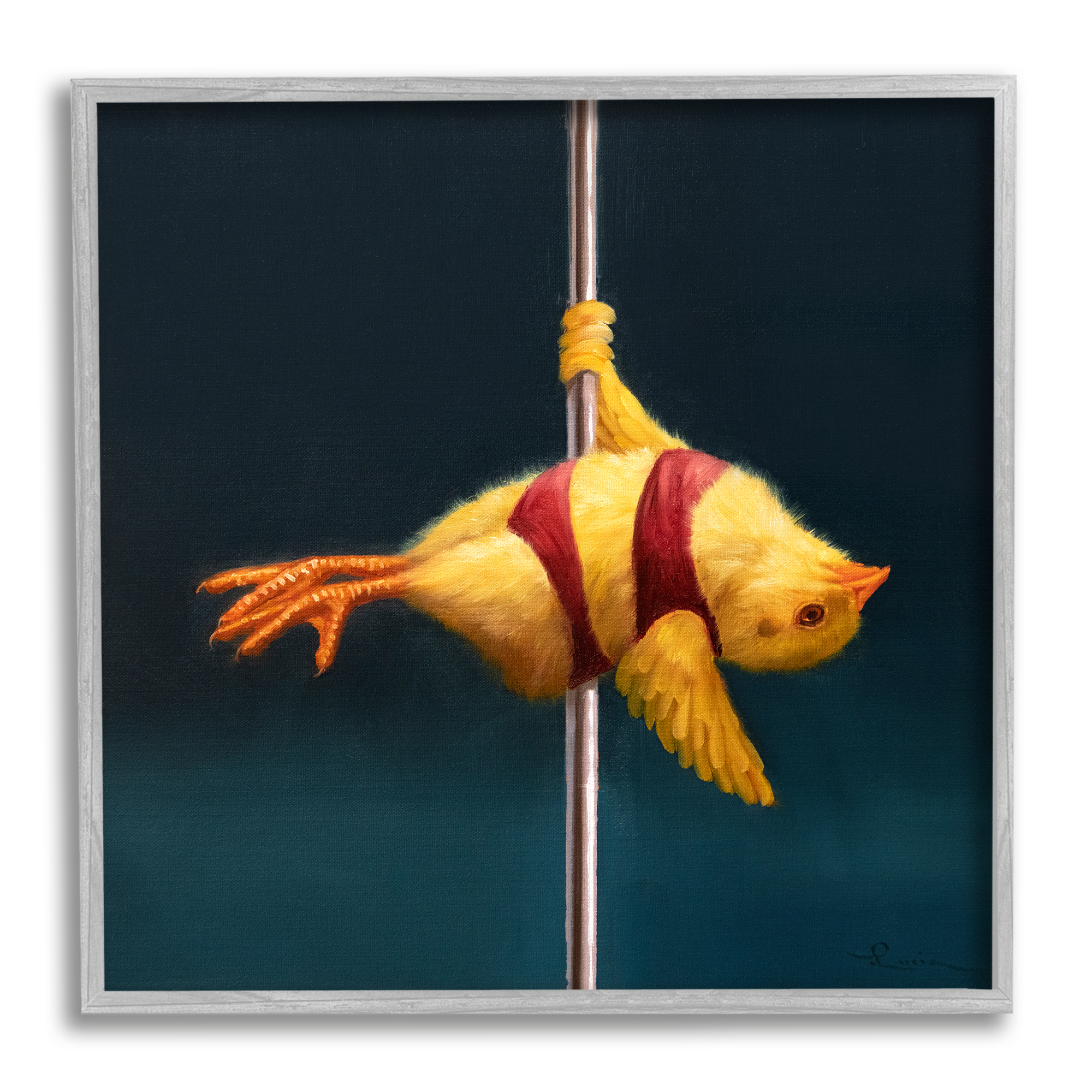 Stupell Industries Pole Dancing Chick Animals & Insects Painting Gray Framed Art Print Wall Art, 24 x 24