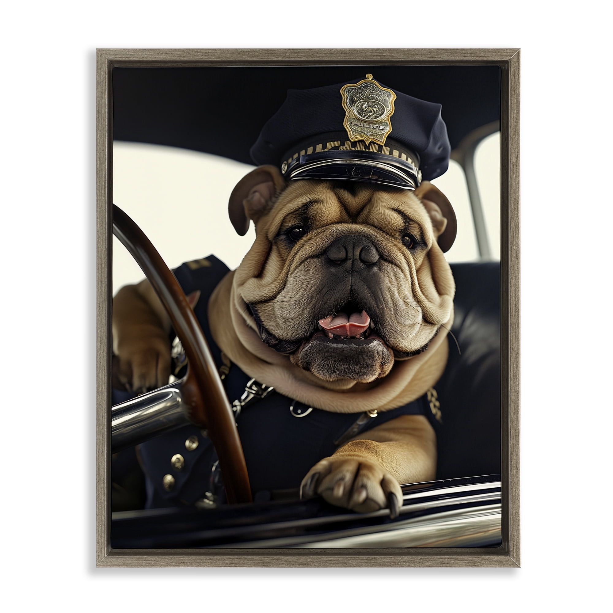 Stupell Industries Police Dog in Car Animals & Insects Painting Brown Floater Framed Canvas Art Print Wall Art, 17 x 21