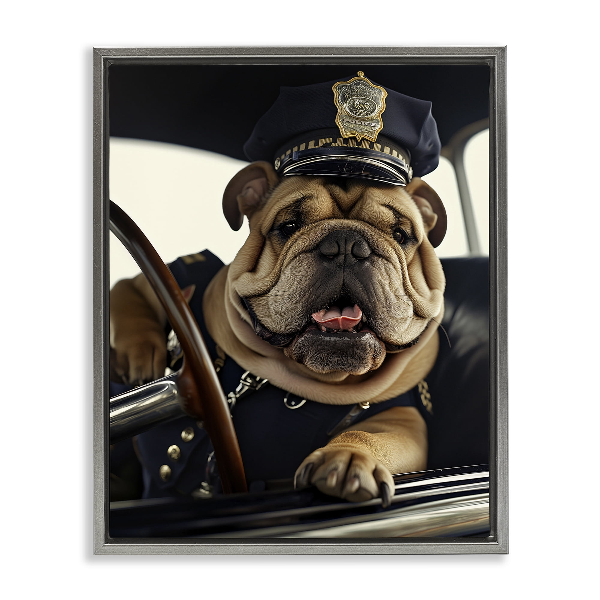 Stupell Industries Police Dog in Car Animals & Insects Painting Gray Floater Framed Canvas Art Print Wall Art, 17 x 21