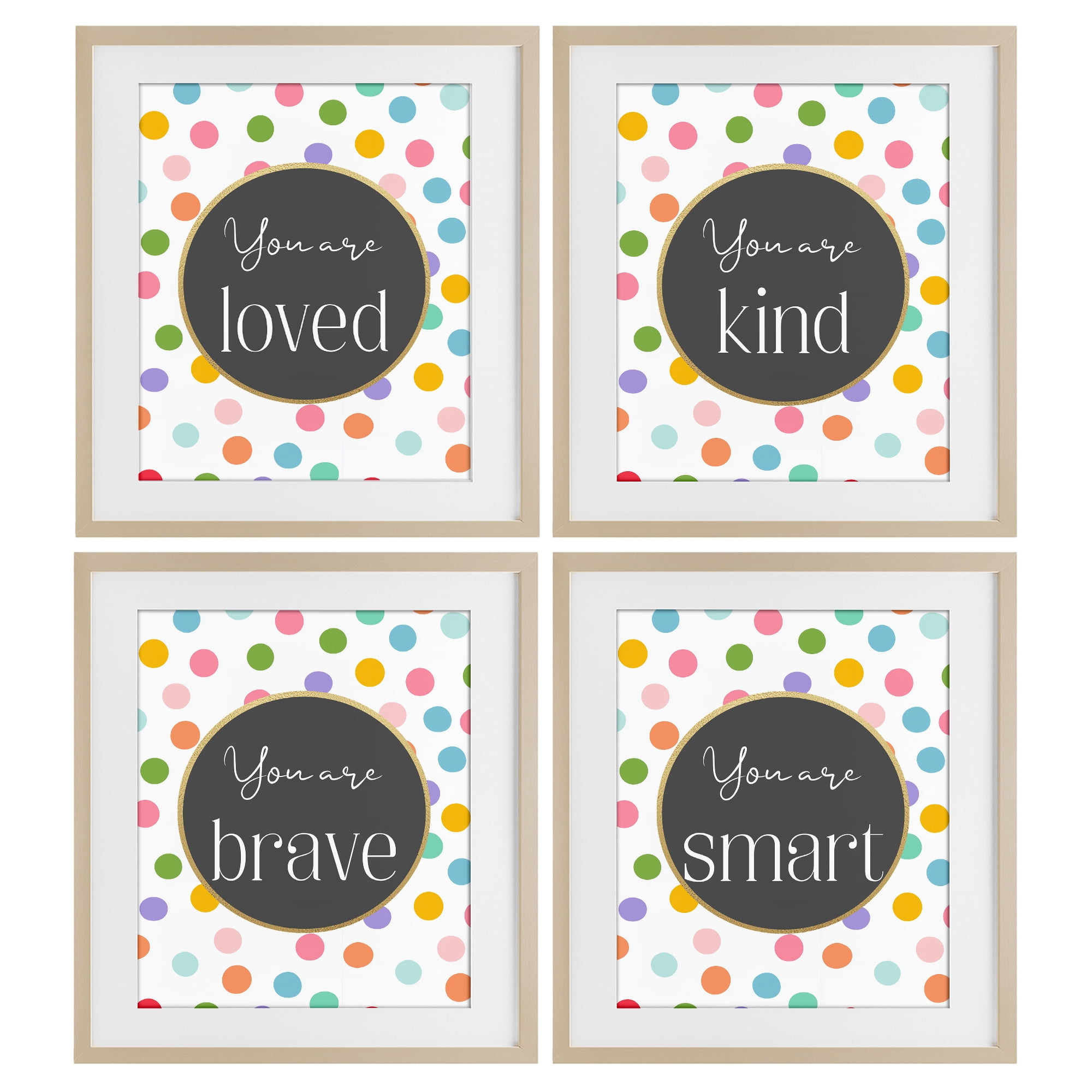Stupell Industries Polka Dot Affirmations 4 Piece Birch Framed Print Under Glass Set, design by Christine Simpson Art