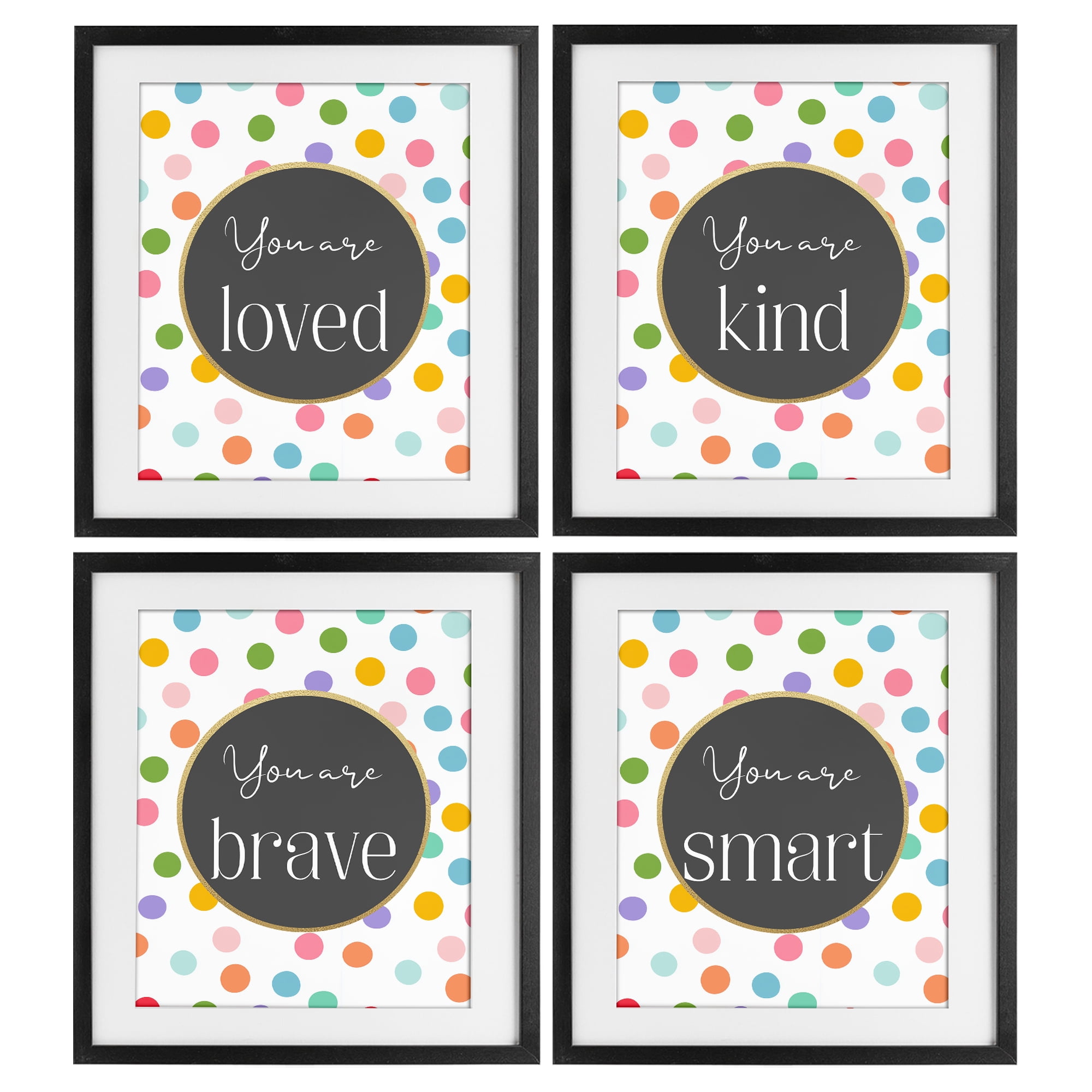 Stupell Industries Polka Dot Affirmations 4 Piece Black Framed Print Under Glass Set, design by Christine Simpson Art