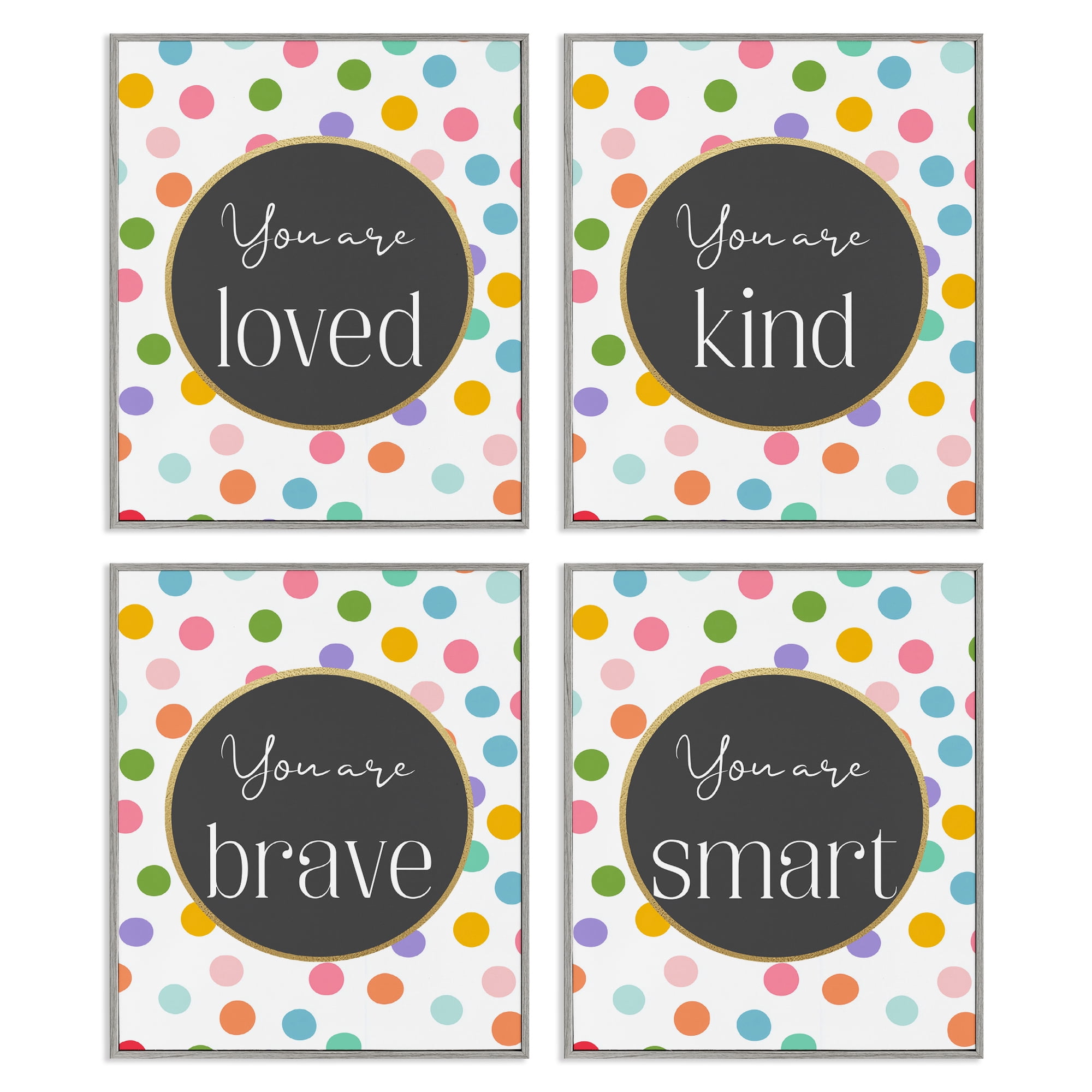 Stupell Industries Polka Dot Affirmations 4 Piece Gray Framed Giclee Art Set, design by Christine Simpson Art