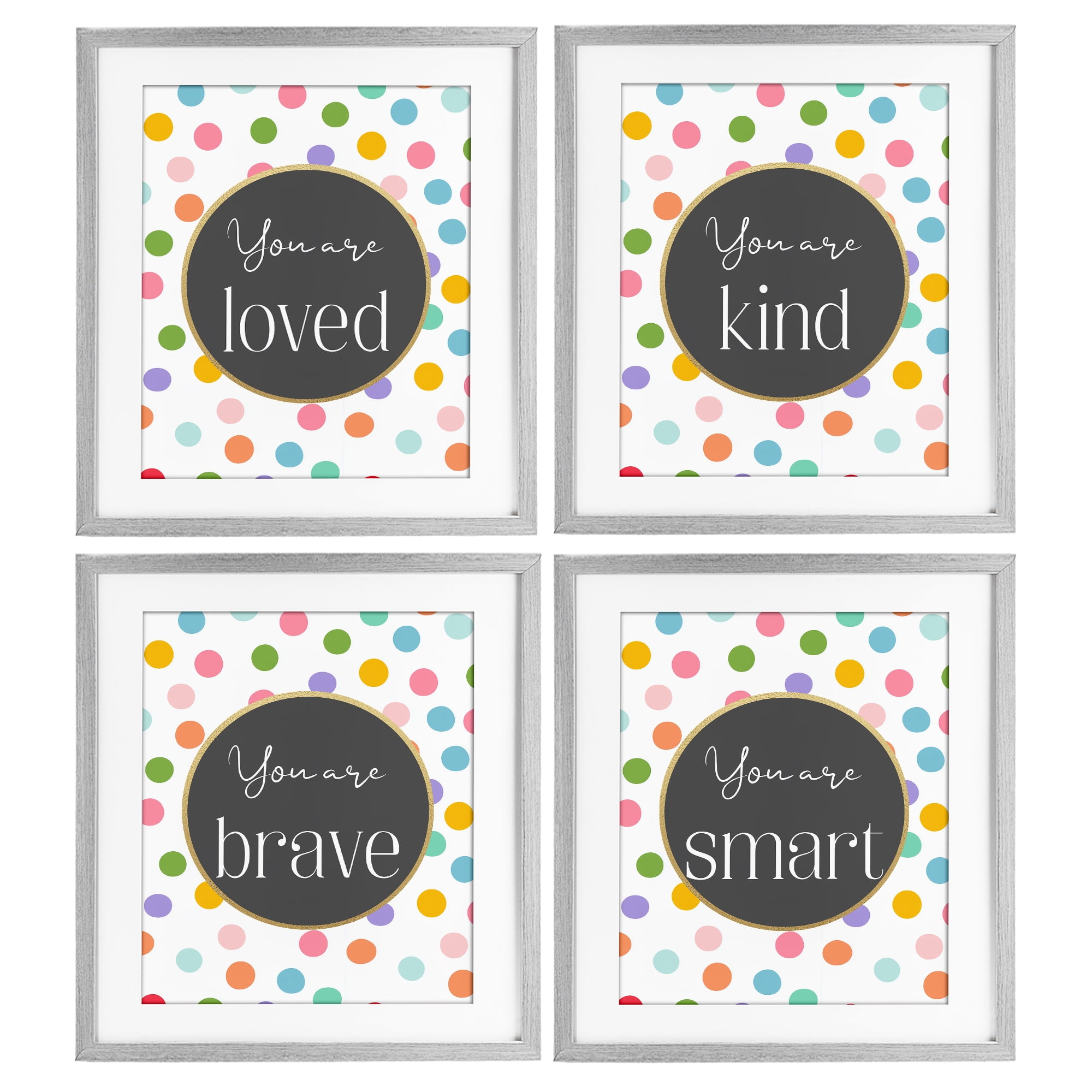 Stupell Industries Polka Dot Affirmations 4 Piece Gray Framed Print Under Glass Set, design by Christine Simpson Art