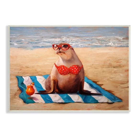 Stupell Industries Polka Dot Bikini Sea Lion Tropical Drink Beach Scene, 15 x 10, Design by Lucia Heffernan