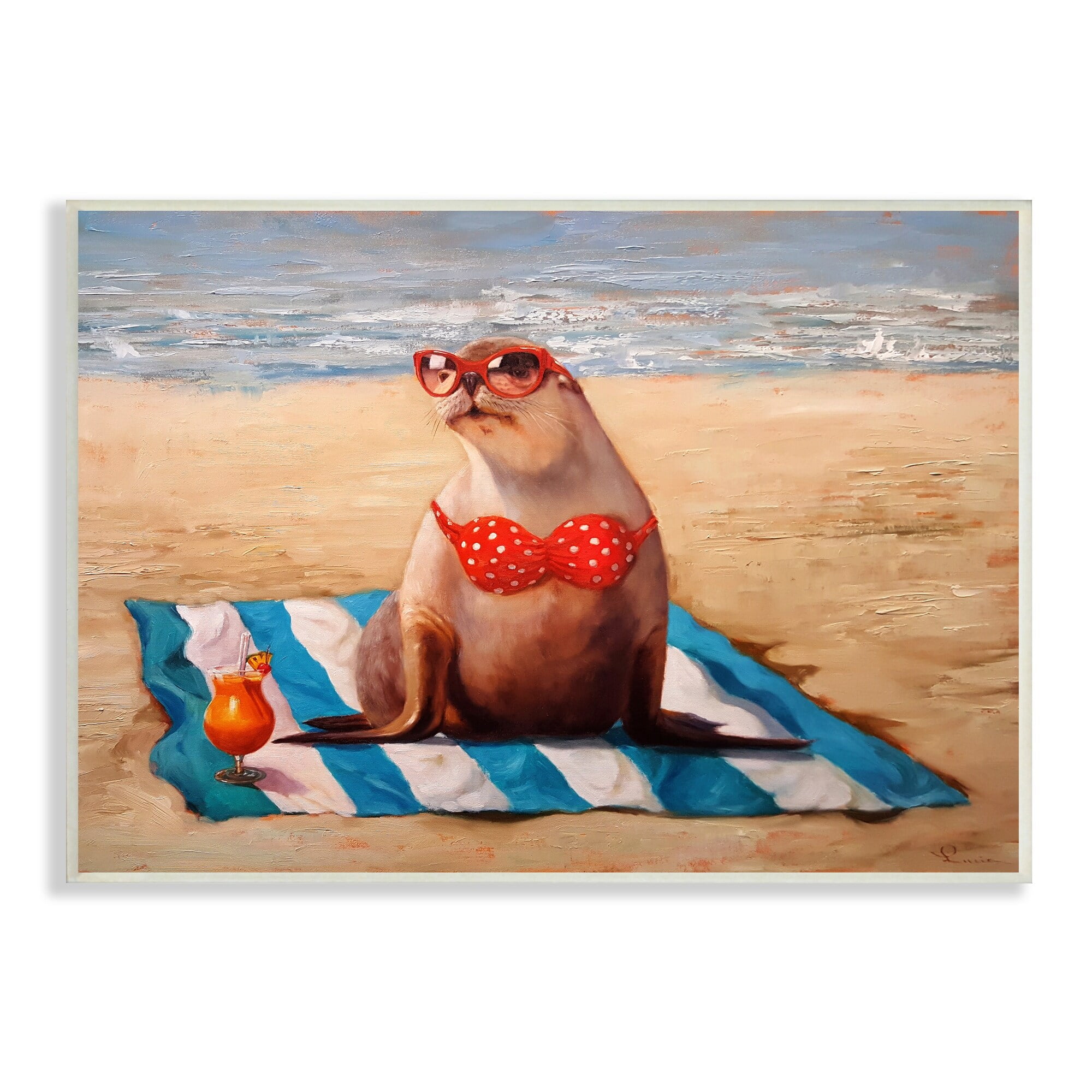 Stupell Industries Polka Dot Bikini Sea Lion Tropical Drink Beach Scene, 19 x 13, Design by Lucia Heffernan