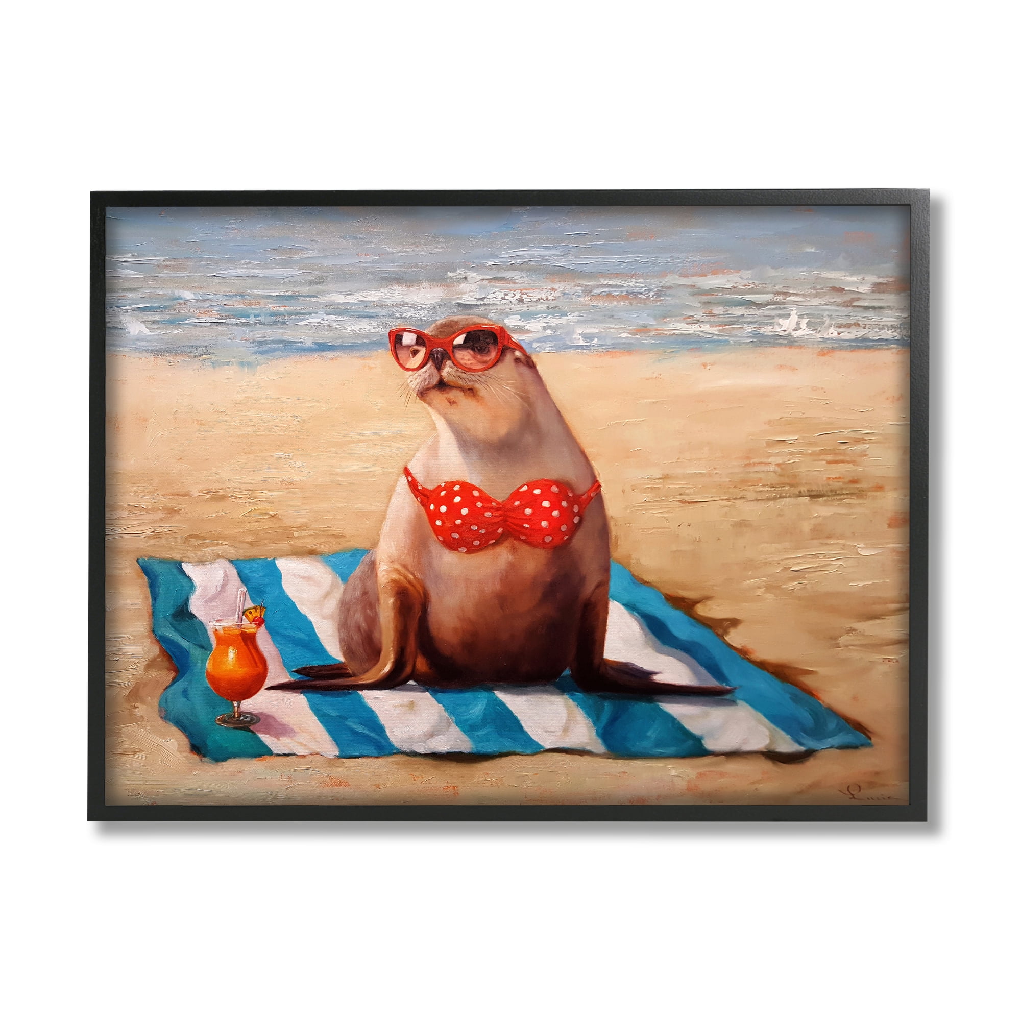 Stupell Industries Polka Dot Bikini Sea Lion Tropical Drink Beach Scene, 20 x 16, Design by Lucia Heffernan