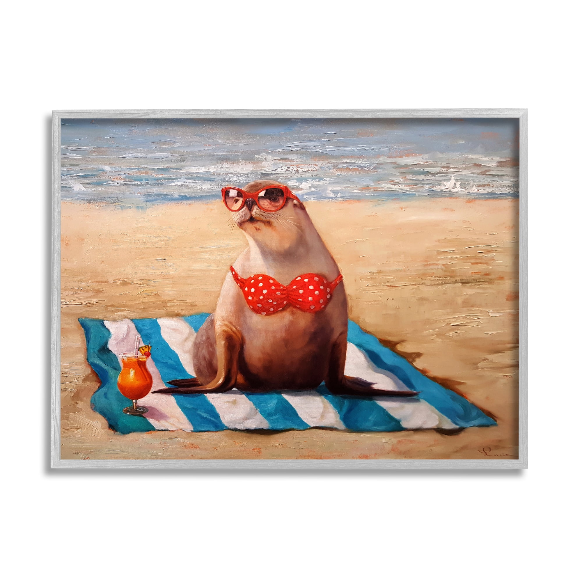Stupell Industries Polka Dot Bikini Sea Lion Tropical Drink Beach Scene, 30 x 24, Design by Lucia Heffernan