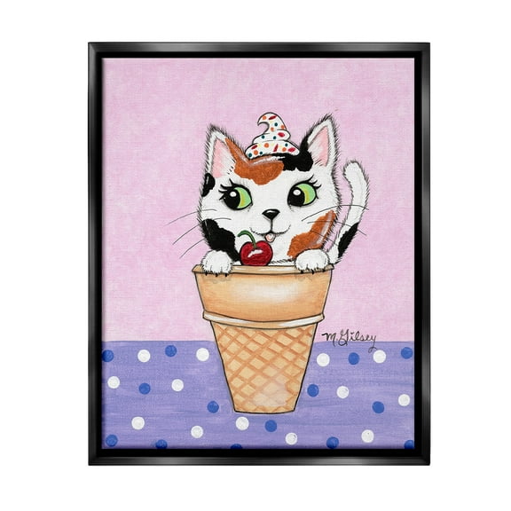 Stupell Industries Polka Dot Cat Sundae Animals & Insects Painting Black Floater Framed Canvas Art Print Wall Art, 17 x 21