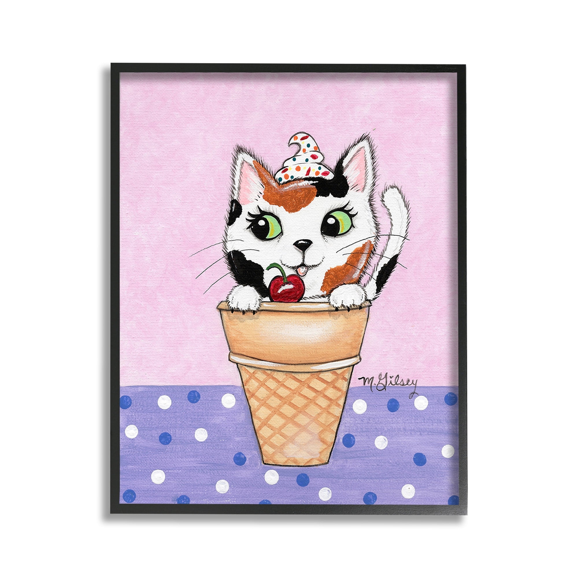 Stupell Industries Polka Dot Cat Sundae Animals & Insects Painting Black Framed Art Print Wall Art, 11 x 14