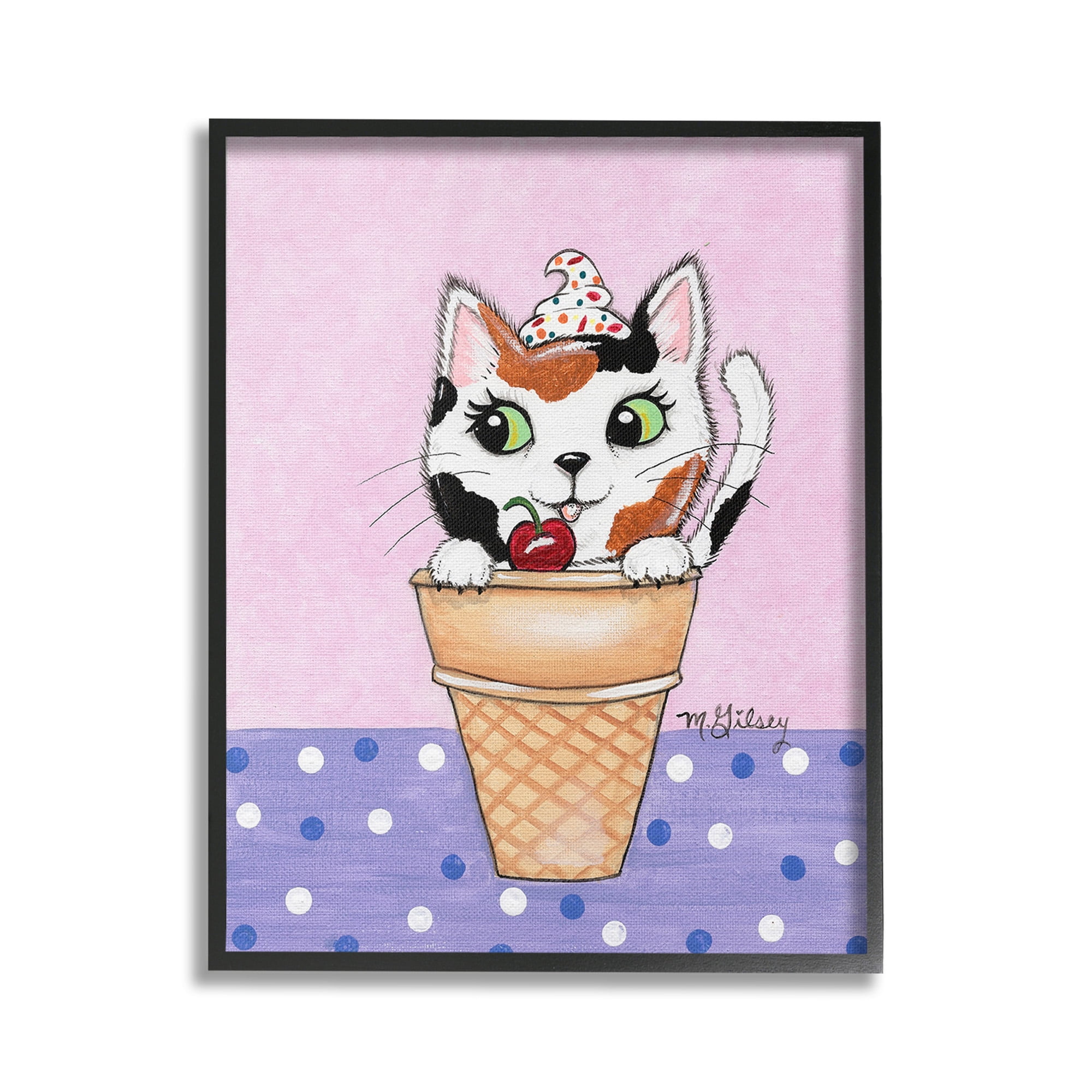 Stupell Industries Polka Dot Cat Sundae Animals & Insects Painting Black Framed Art Print Wall Art, 16 x 20