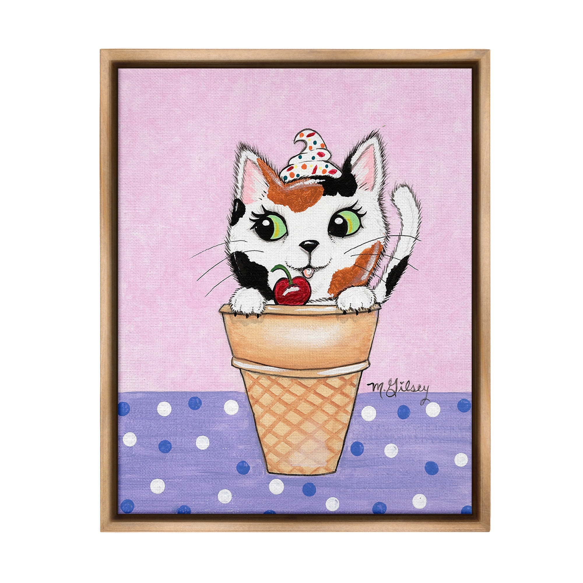 Stupell Industries Polka Dot Cat Sundae Animals & Insects Painting Brown Floater Framed Canvas Art Print Wall Art, 17 x 21