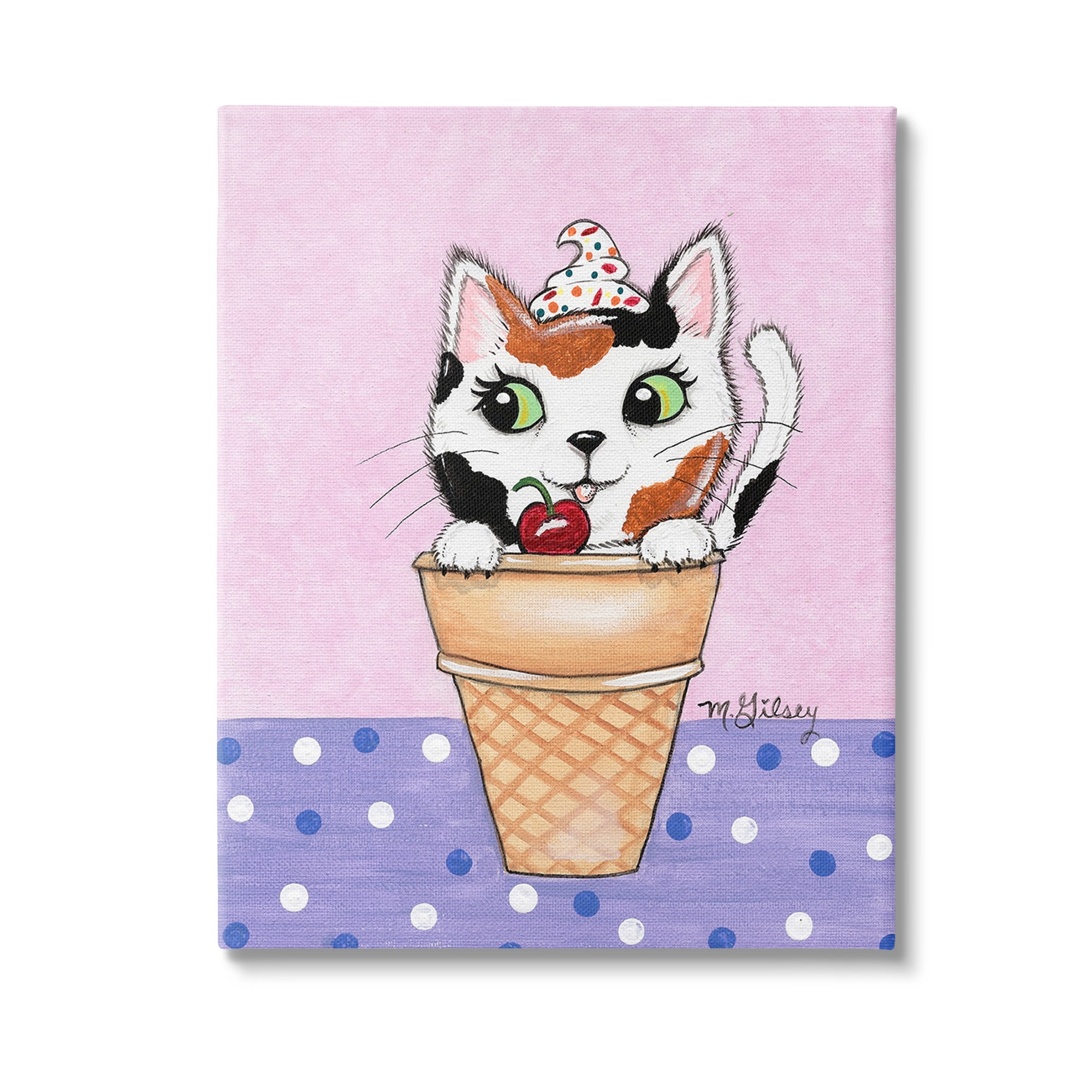 Stupell Industries Polka Dot Cat Sundae Animals & Insects Painting Gallery Wrapped Canvas Art Print Wall Art, 24 x 30
