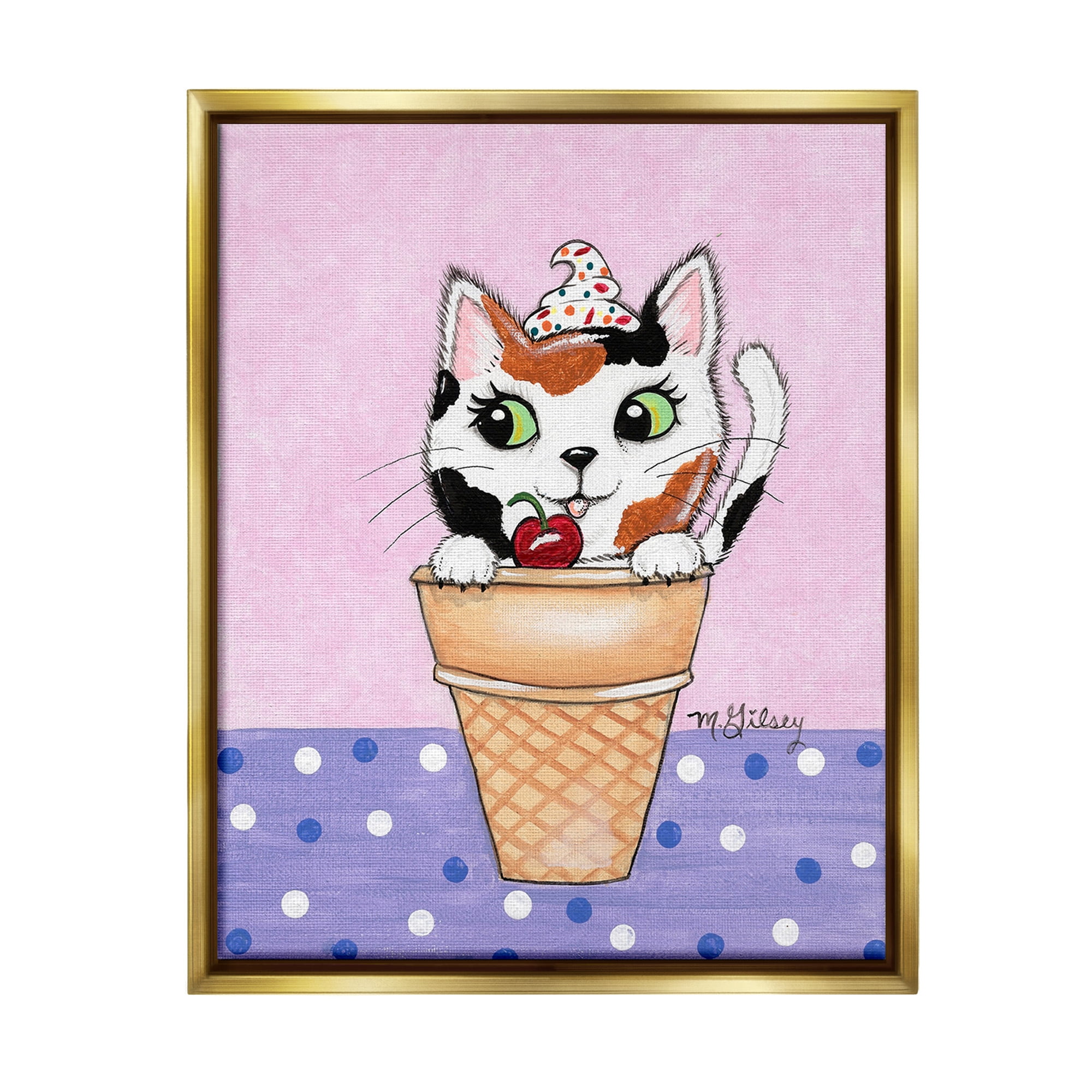 Stupell Industries Polka Dot Cat Sundae Animals & Insects Painting Gold Floater Framed Canvas Art Print Wall Art, 25 x 31