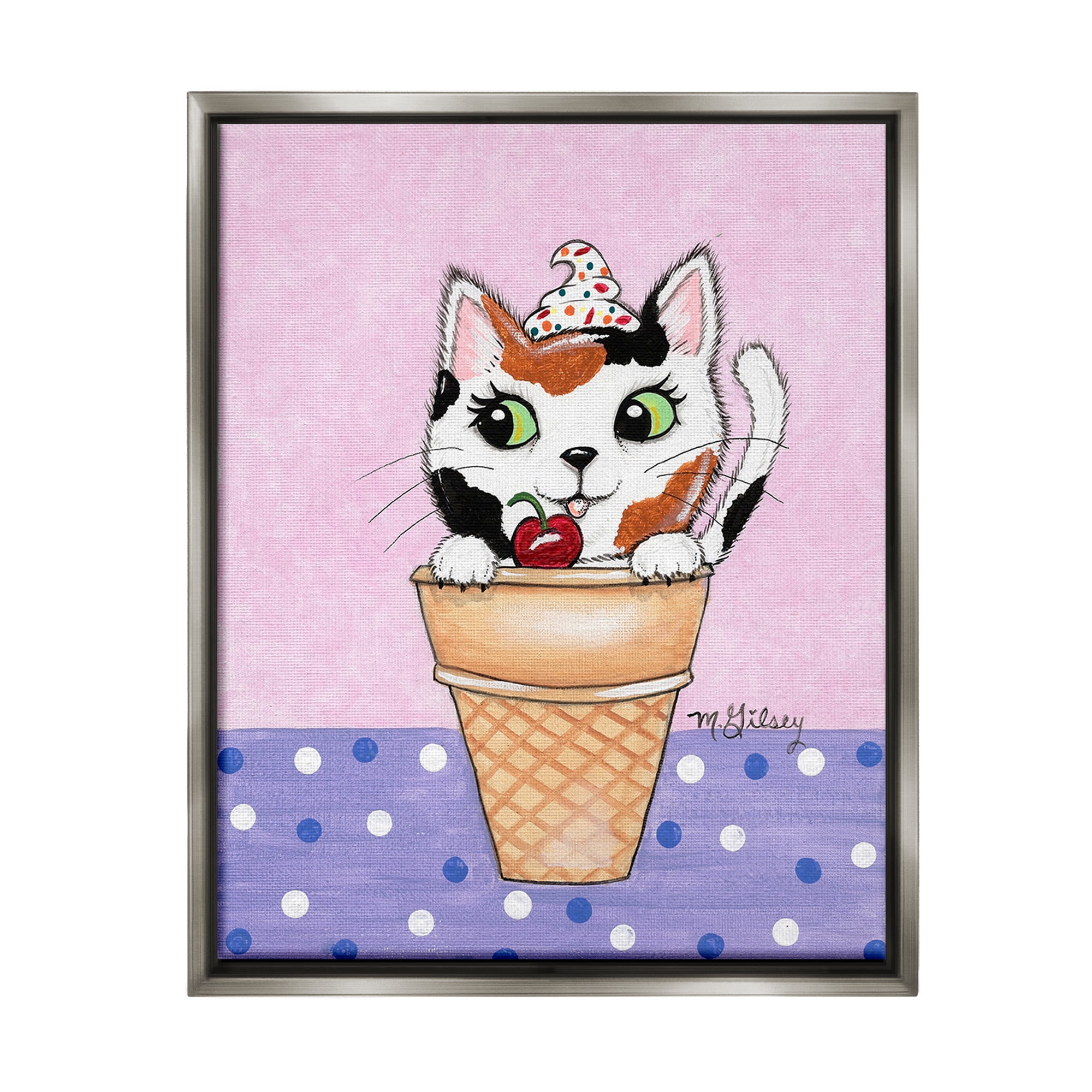 Stupell Industries Polka Dot Cat Sundae Animals & Insects Painting Gray Floater Framed Canvas Art Print Wall Art, 17 x 21