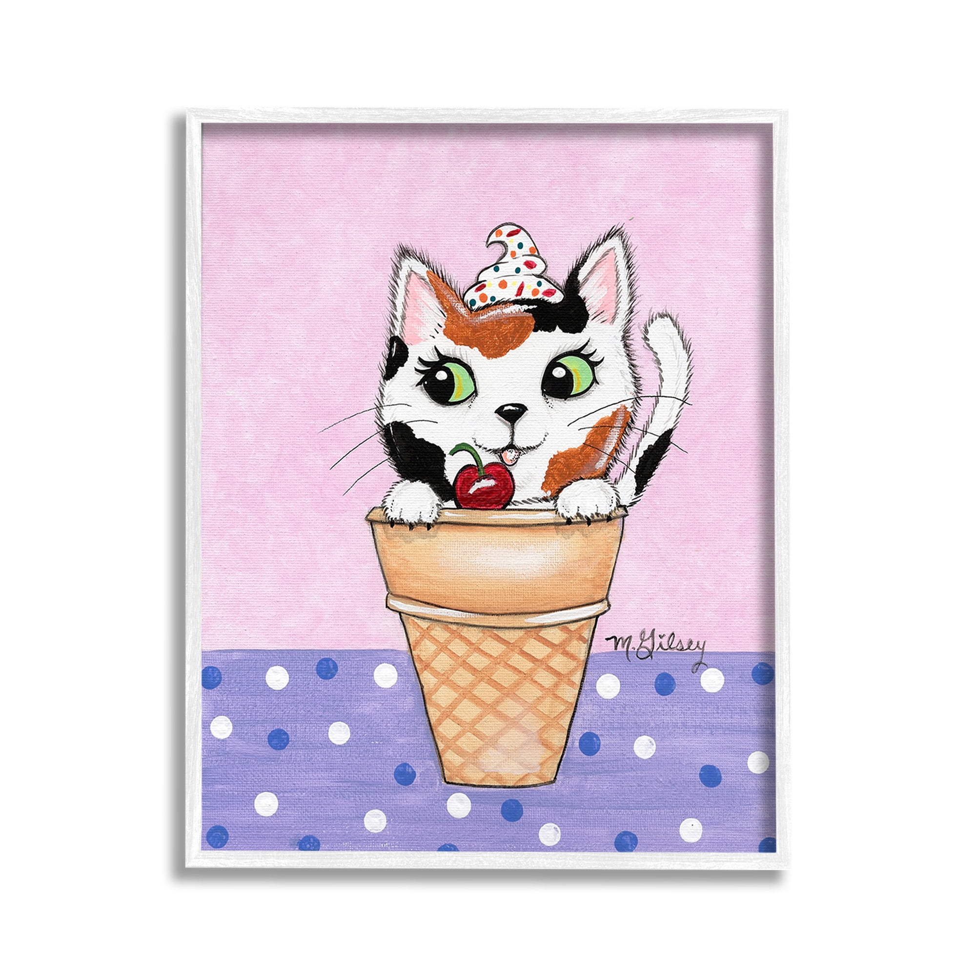 Stupell Industries Polka Dot Cat Sundae Animals & Insects Painting White Framed Art Print Wall Art, 11 x 14