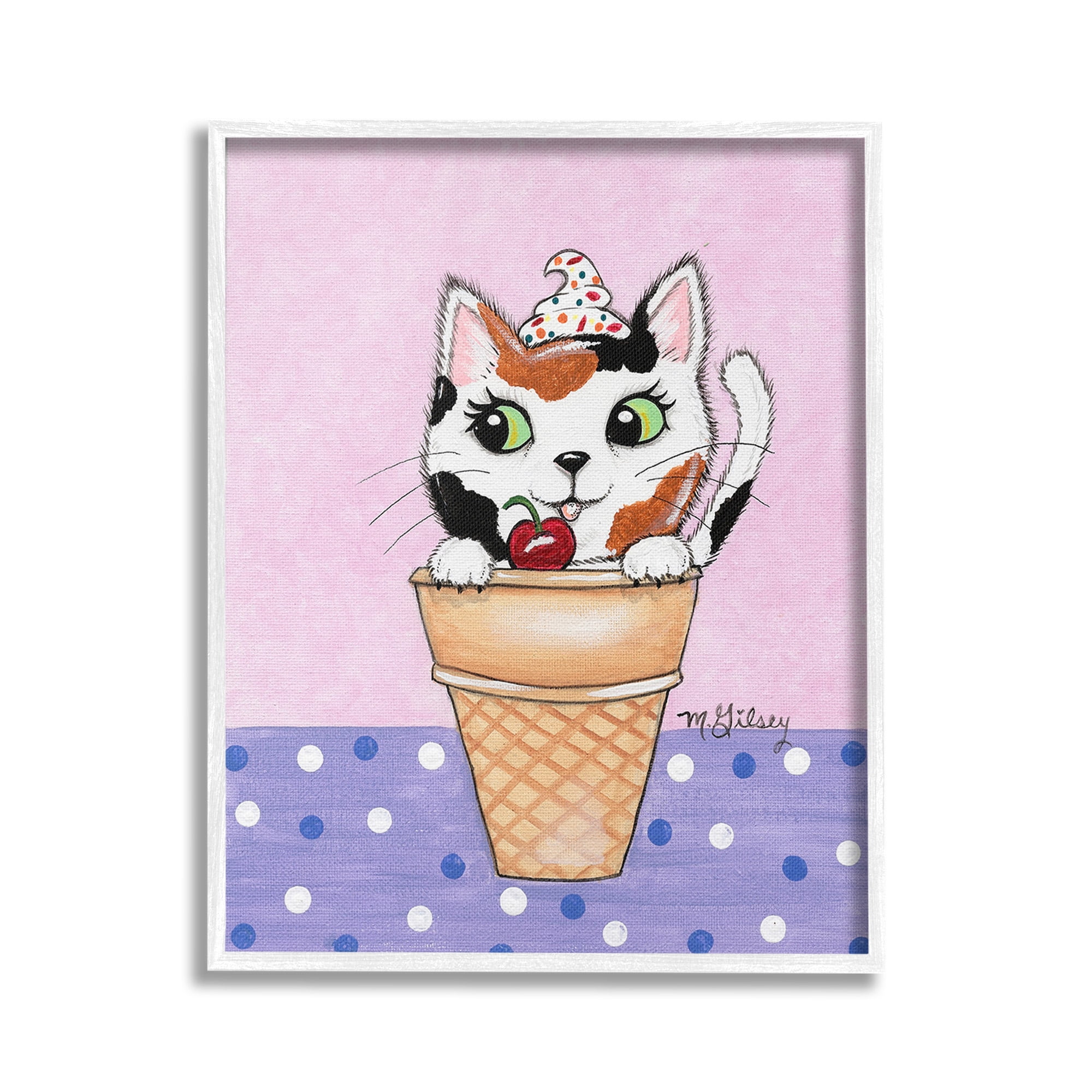 Stupell Industries Polka Dot Cat Sundae Animals & Insects Painting White Framed Art Print Wall Art, 16 x 20