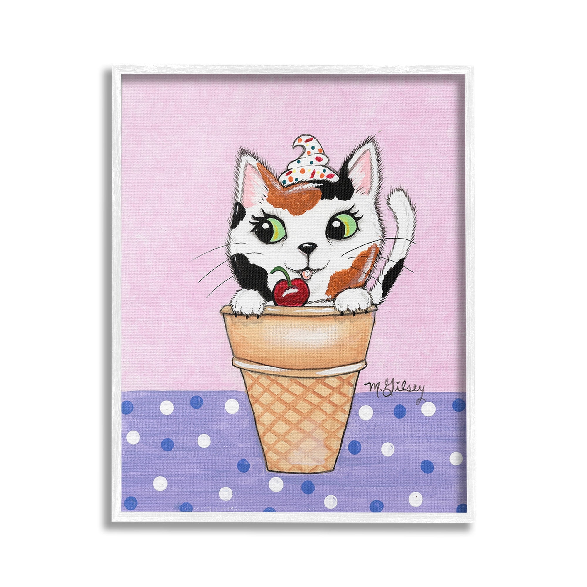 Stupell Industries Polka Dot Cat Sundae Animals & Insects Painting White Framed Art Print Wall Art, 24 x 30