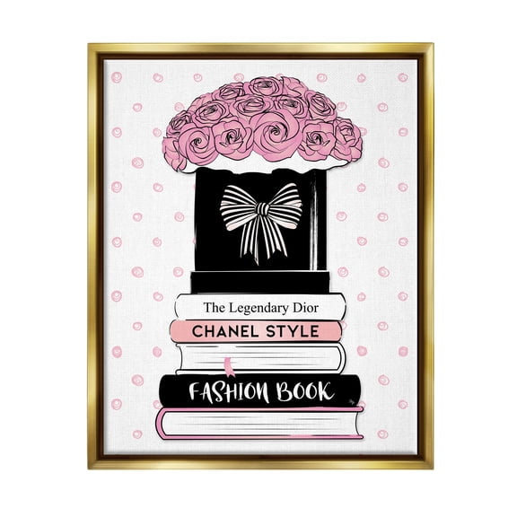 Stupell Industries Polka Dot Fashion Bookstack Beauty & Fashion Painting Gold Floater Framed Canvas Art Print Wall Art, 25 x 31