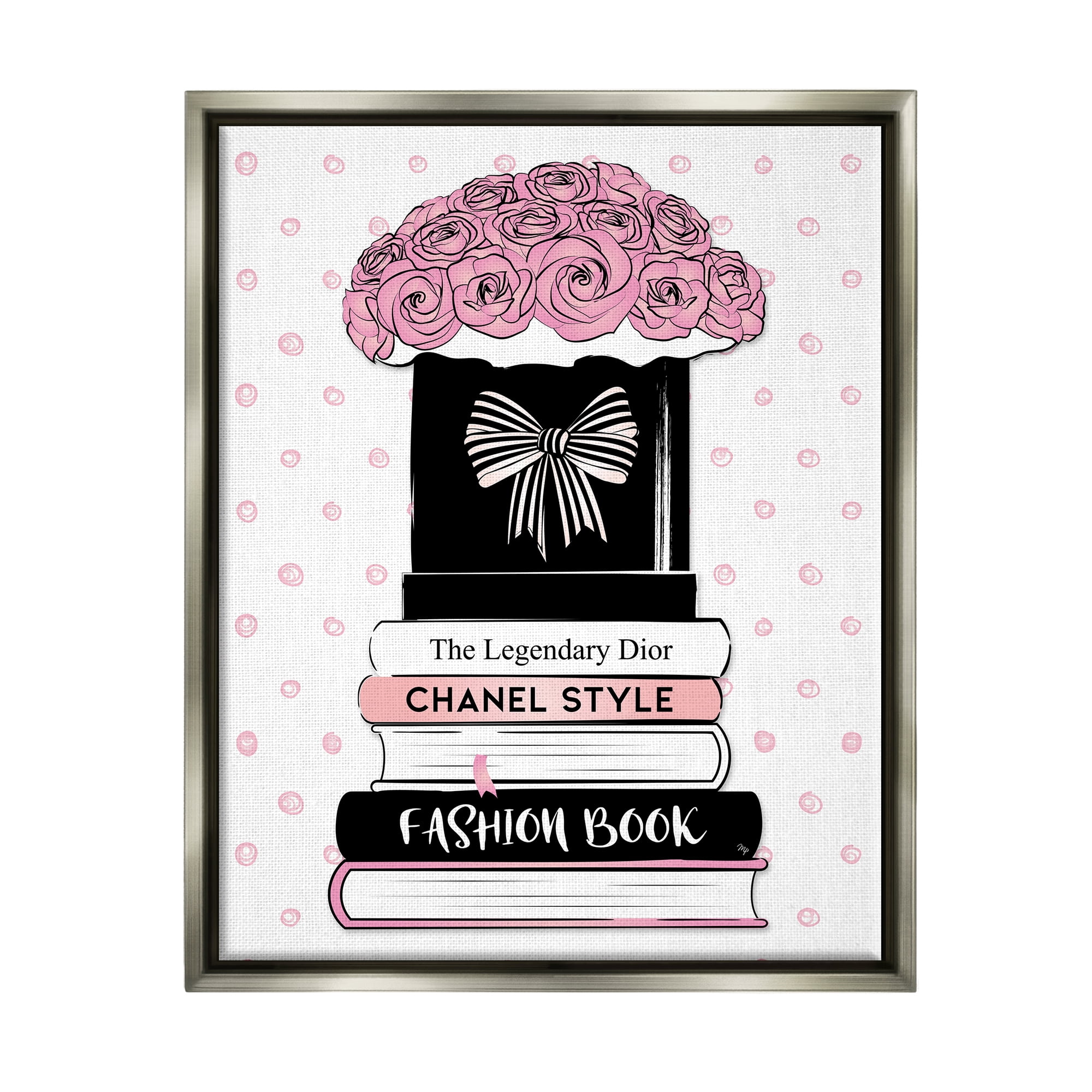 Stupell Industries Polka Dot Fashion Bookstack Beauty & Fashion Painting Gray Floater Framed Canvas Art Print Wall Art, 25 x 31