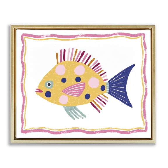 Stupell Industries Polka Dot Fish Illustration Animals Painting Gold Floater Framed Canvas Art Print Wall Art, 21 x 17