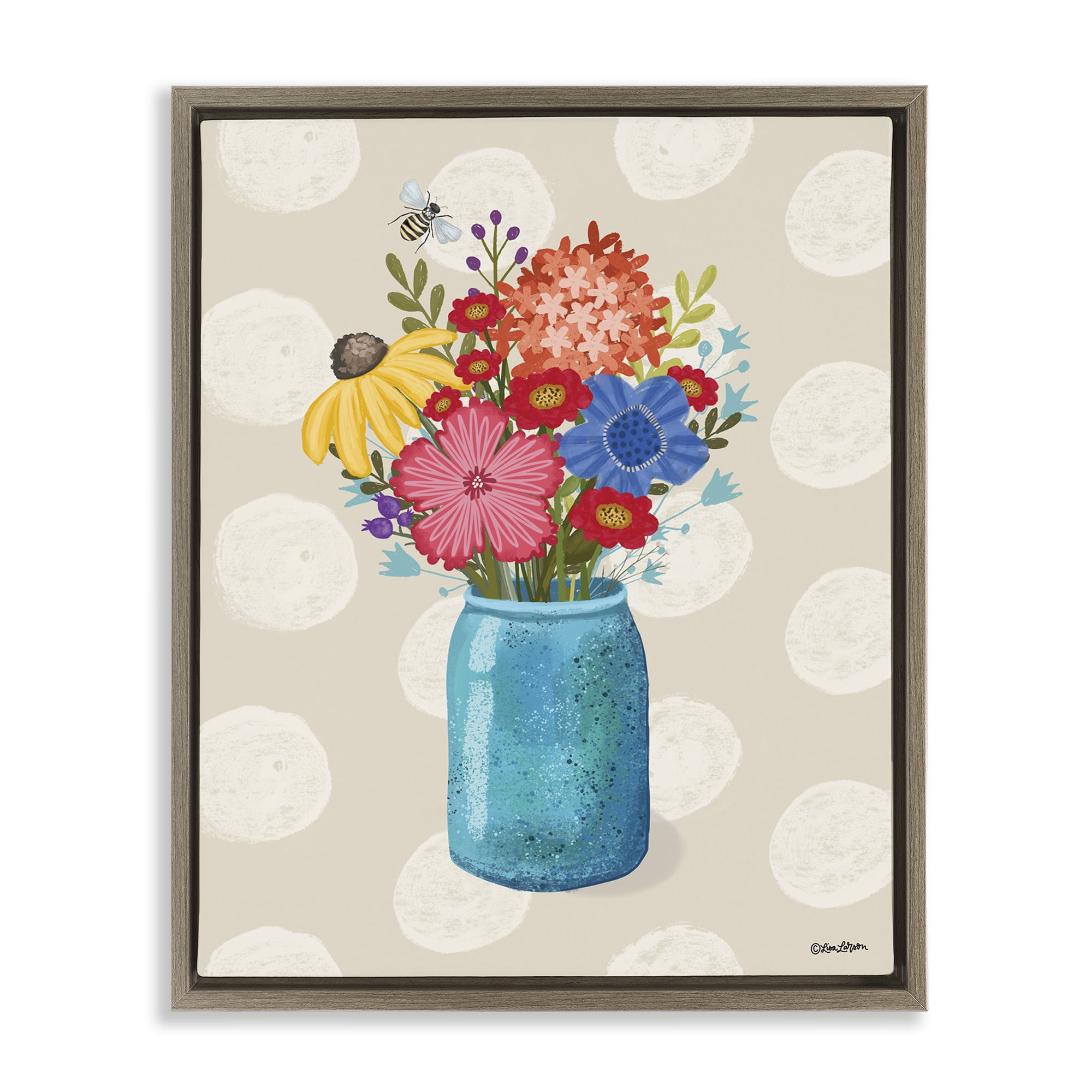 Stupell Industries Polka Dot Flower Vase Plants & Flowers Painting Brown Floater Framed Canvas Art Print Wall Art, 25 x 31