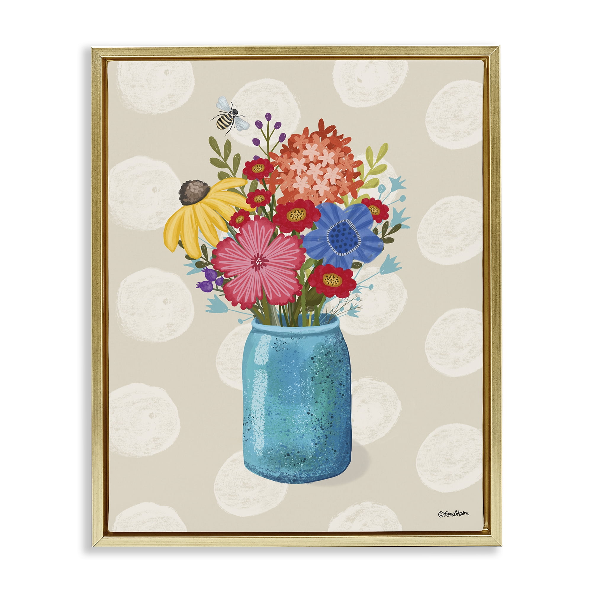 Stupell Industries Polka Dot Flower Vase Plants & Flowers Painting Gold Floater Framed Canvas Art Print Wall Art, 25 x 31