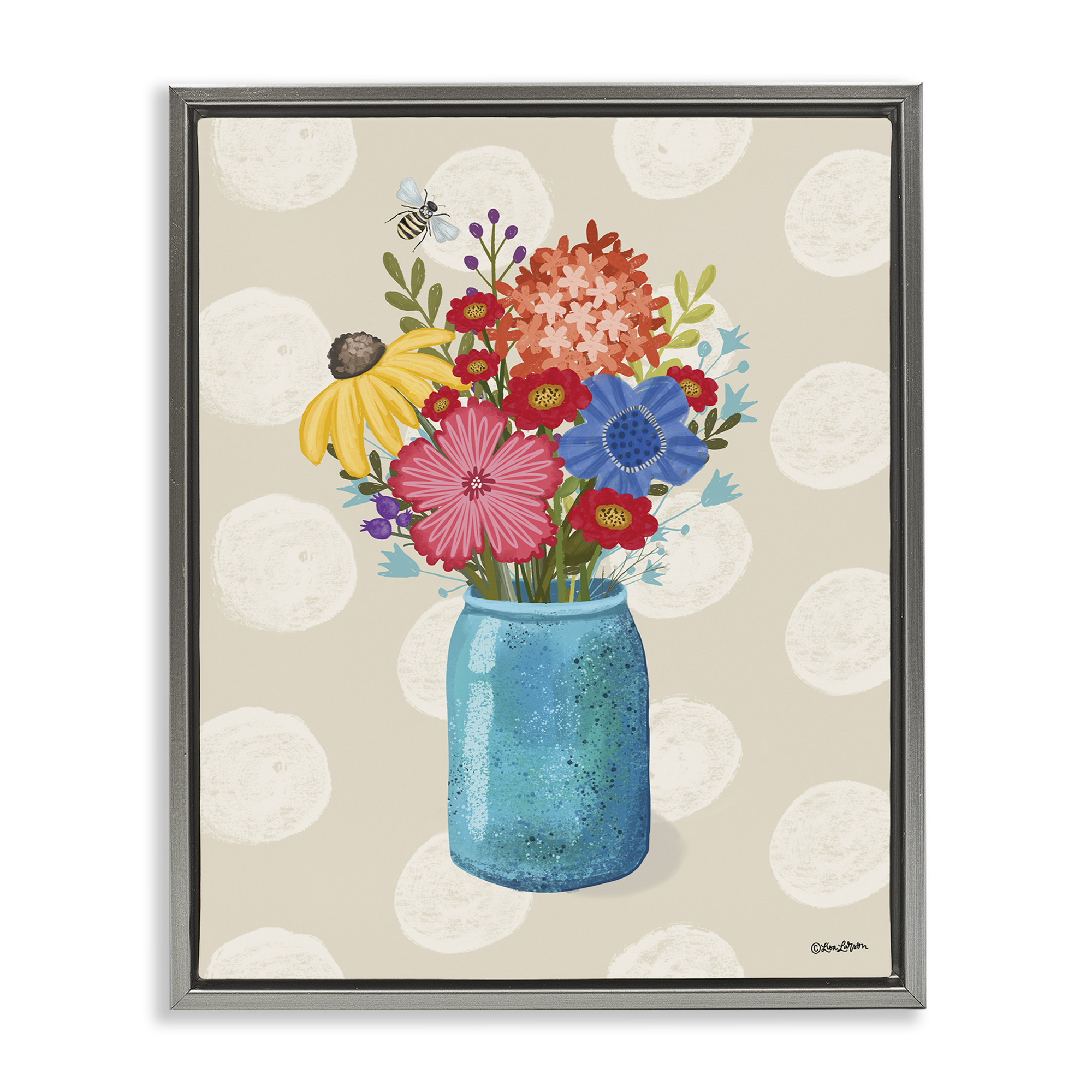 Stupell Industries Polka Dot Flower Vase Plants & Flowers Painting Gray Floater Framed Canvas Art Print Wall Art, 17 x 21