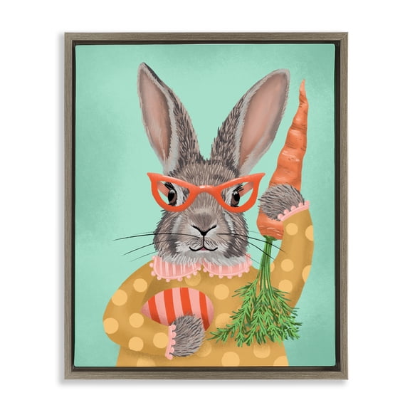 Polka Dot Spring Rabbit Brown Floating Frame Canvas Art, 17 x 21, Made In USA