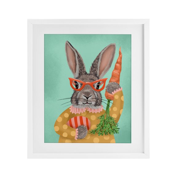 Polka Dot Spring Rabbit White Framed Print Under Glass, 17 x 21, Made In USA