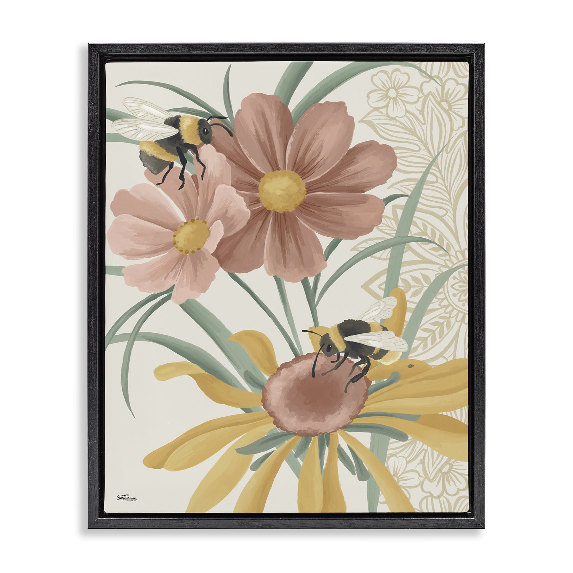Stupell Industries Pollinating Bumble Bees Botanical & Floral Painting Black Floater Framed Art Print Wall Art, 17 x 21