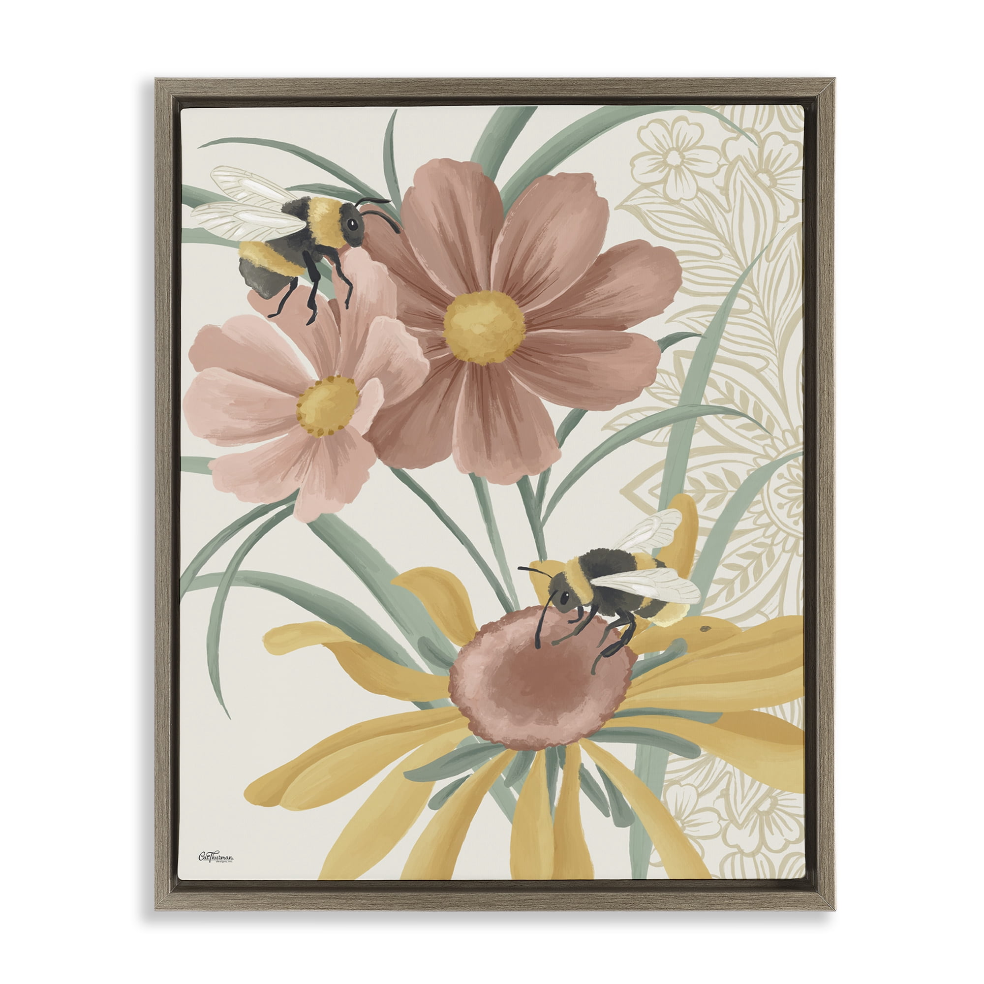Stupell Industries Pollinating Bumble Bees Botanical & Floral Painting Brown Floater Framed Art Print Wall Art, 25 x 31