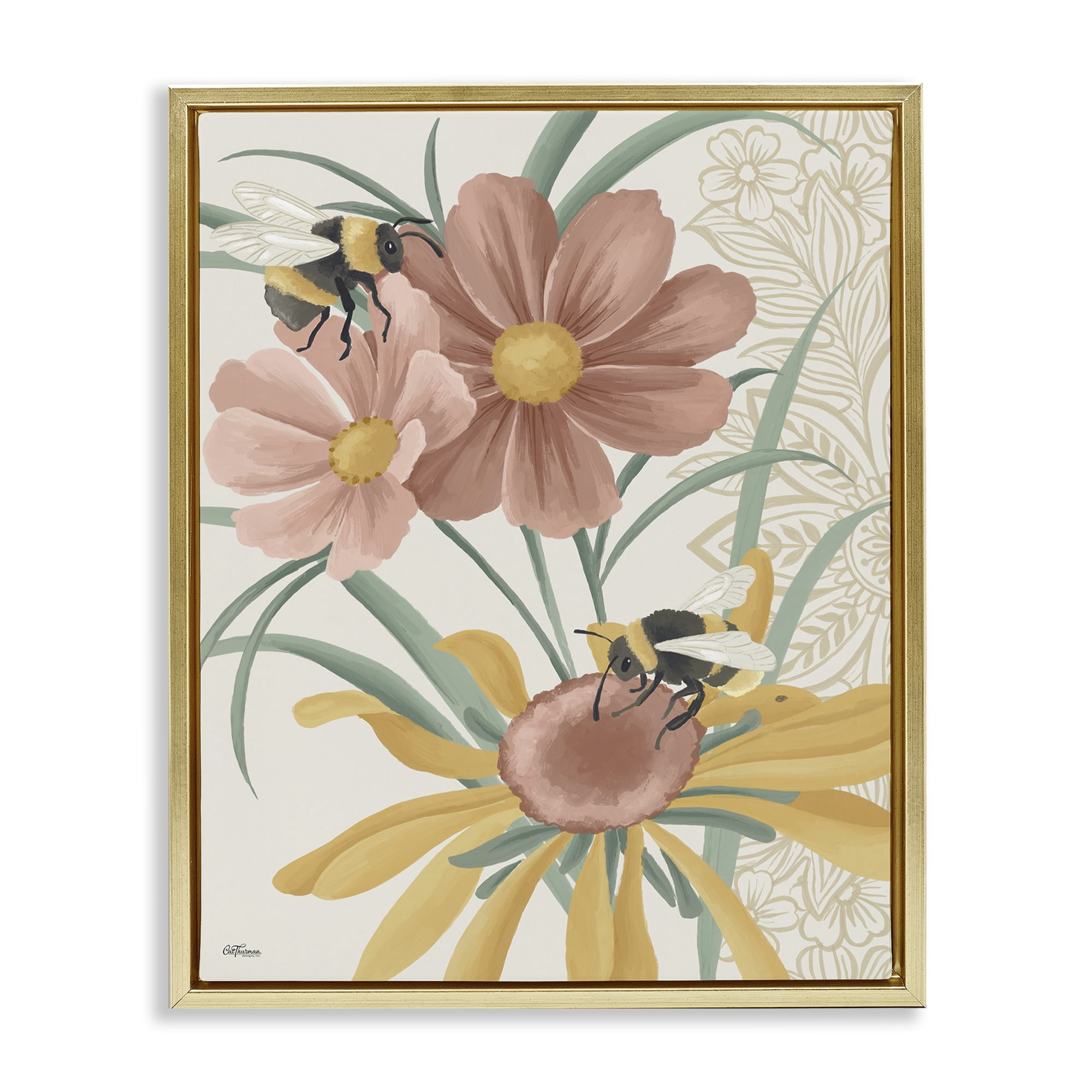 Stupell Industries Pollinating Bumble Bees Botanical & Floral Painting Gold Floater Framed Art Print Wall Art, 25 x 31