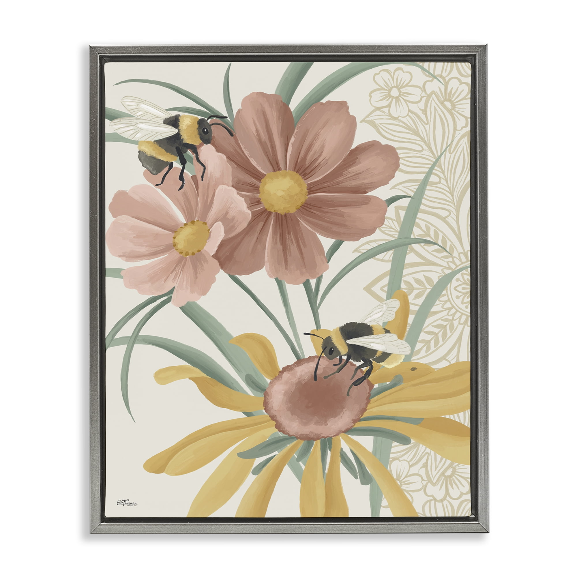 Stupell Industries Pollinating Bumble Bees Botanical & Floral Painting Gray Floater Framed Art Print Wall Art, 17 x 21