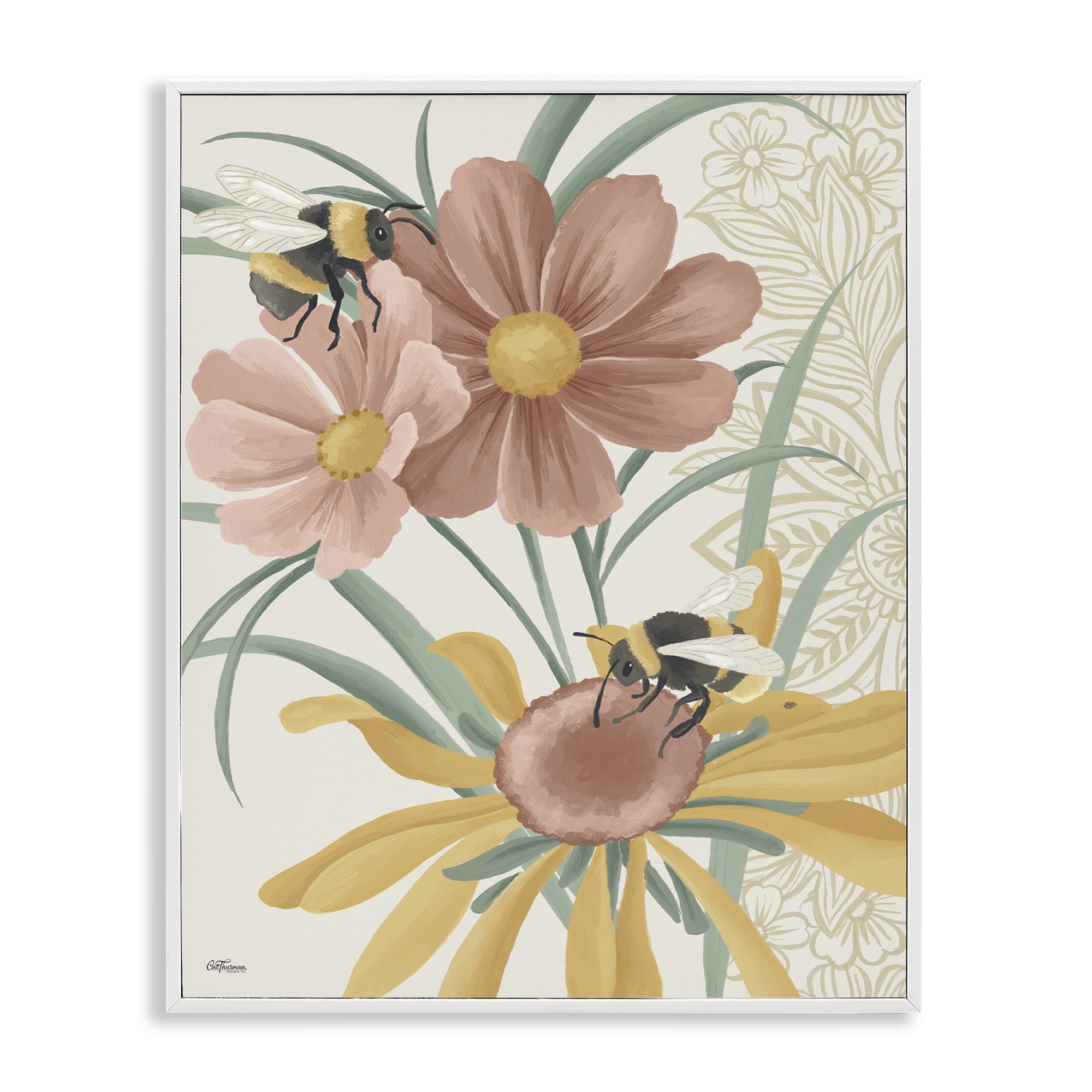 White Framed Botanical Bumble Bees Floral Art Print, 11 x 14