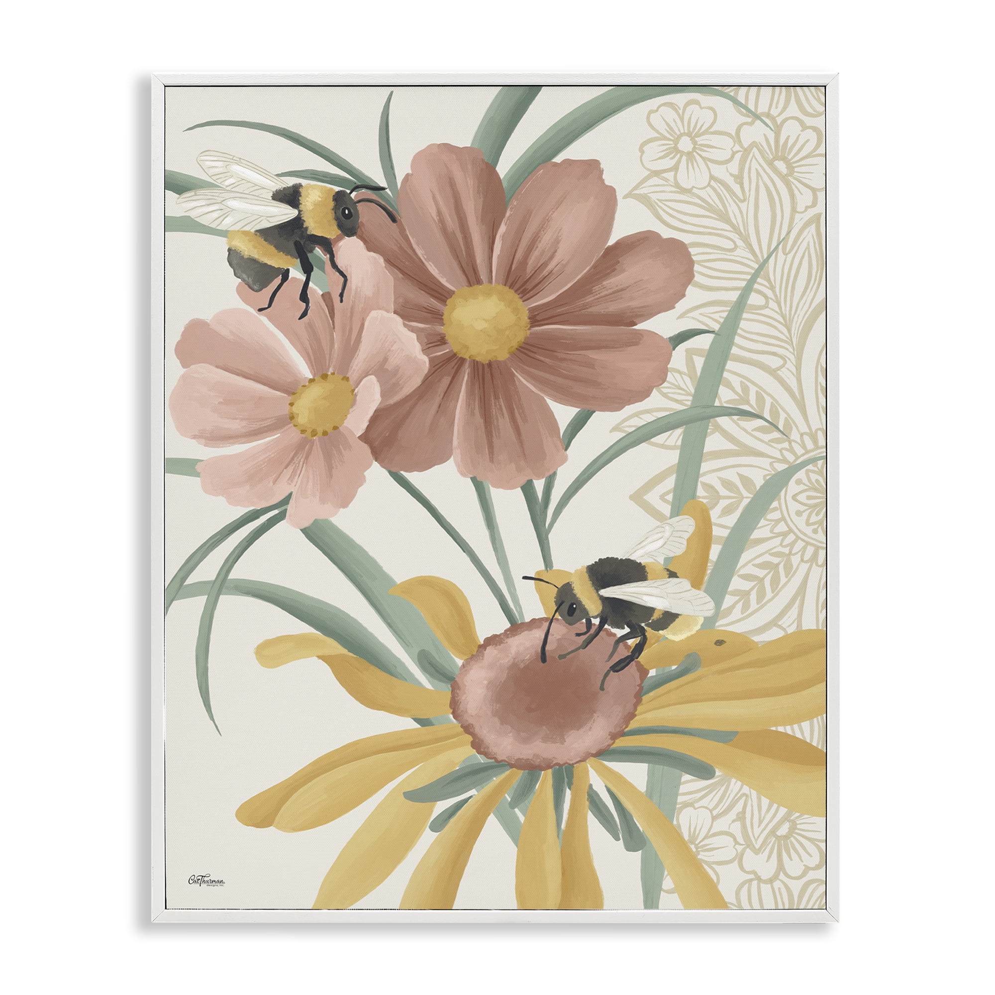Stupell Industries Pollinating Bumble Bees Botanical & Floral Painting White Framed Art Print Wall Art, 24 x 30