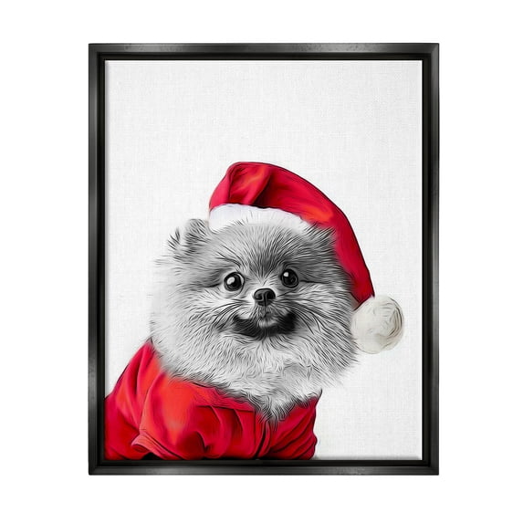Stupell Industries Pomeranian in Santa Hat Holiday Painting Black Floater Framed Canvas Art Print Wall Art, 25 x 31