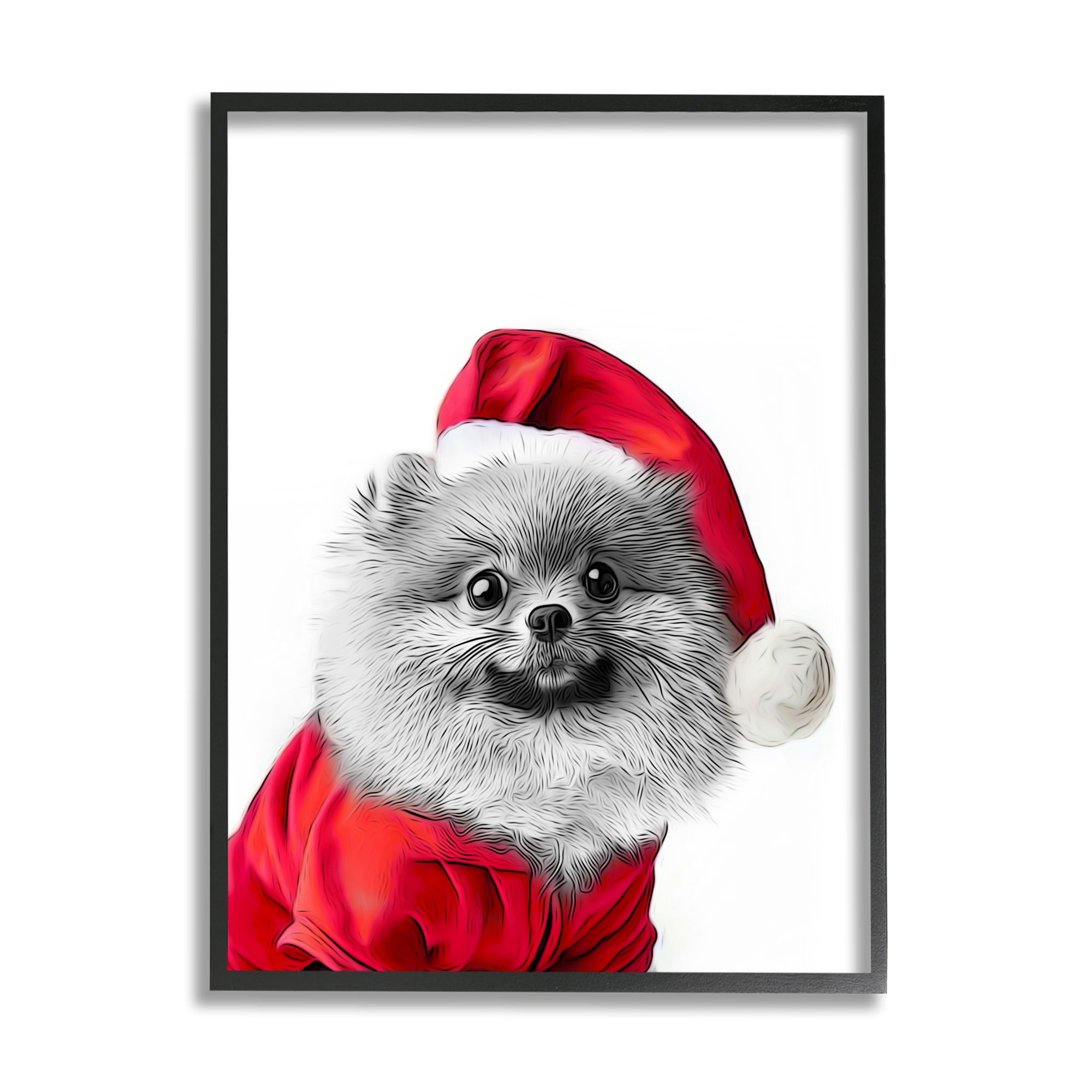 Stupell Industries Pomeranian in Santa Hat Holiday Painting Black Framed Art Print Wall Art, 24 x 30