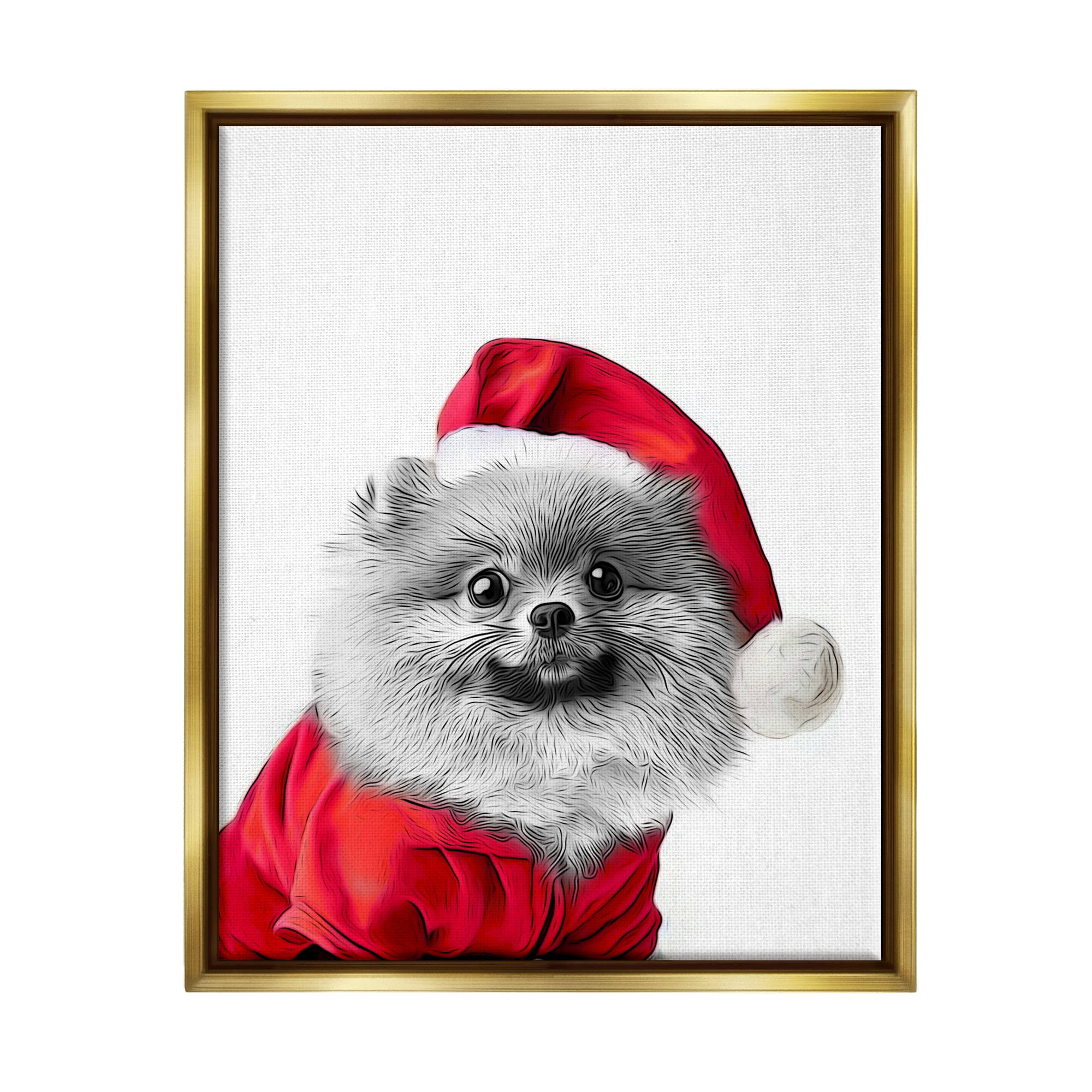 Stupell Industries Pomeranian in Santa Hat Holiday Painting Gold Floater Framed Canvas Art Print Wall Art, 25 x 31