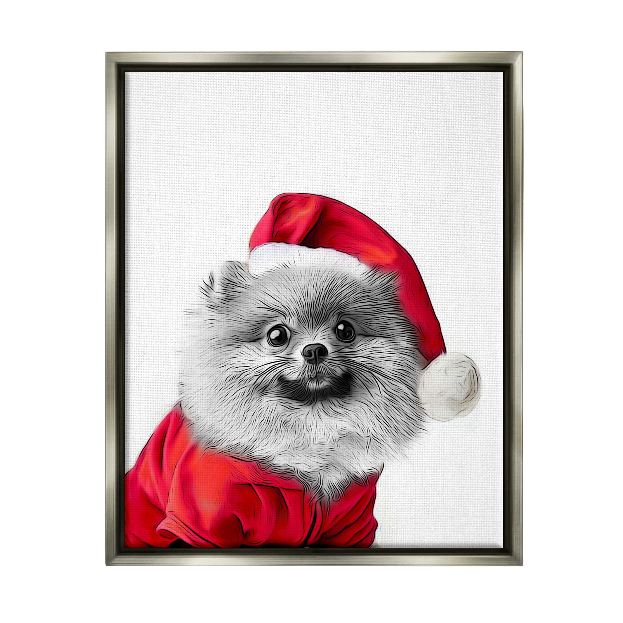 Stupell Industries Pomeranian in Santa Hat Holiday Painting Gray Floater Framed Canvas Art Print Wall Art, 25 x 31