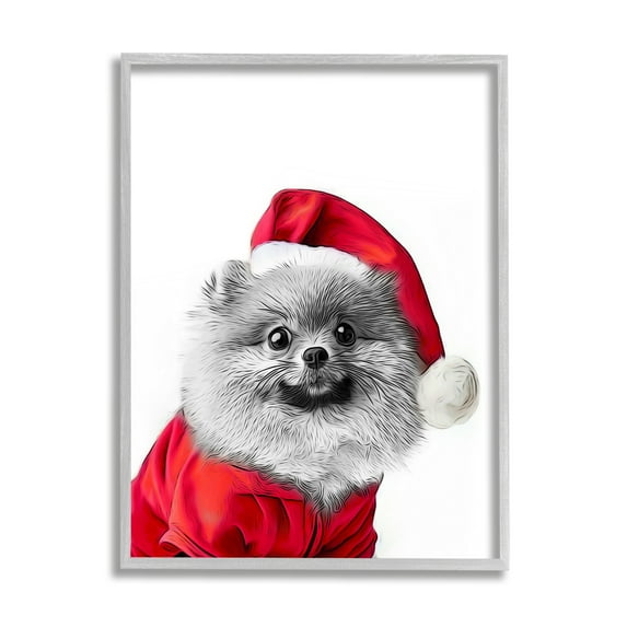 Stupell Industries Pomeranian in Santa Hat Holiday Painting Gray Framed Art Print Wall Art, 24 x 30