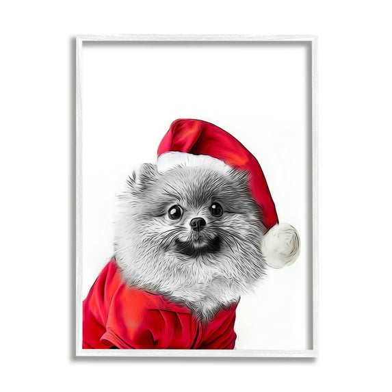 Stupell Industries Pomeranian in Santa Hat Holiday Painting White Framed Art Print Wall Art, 16 x 20