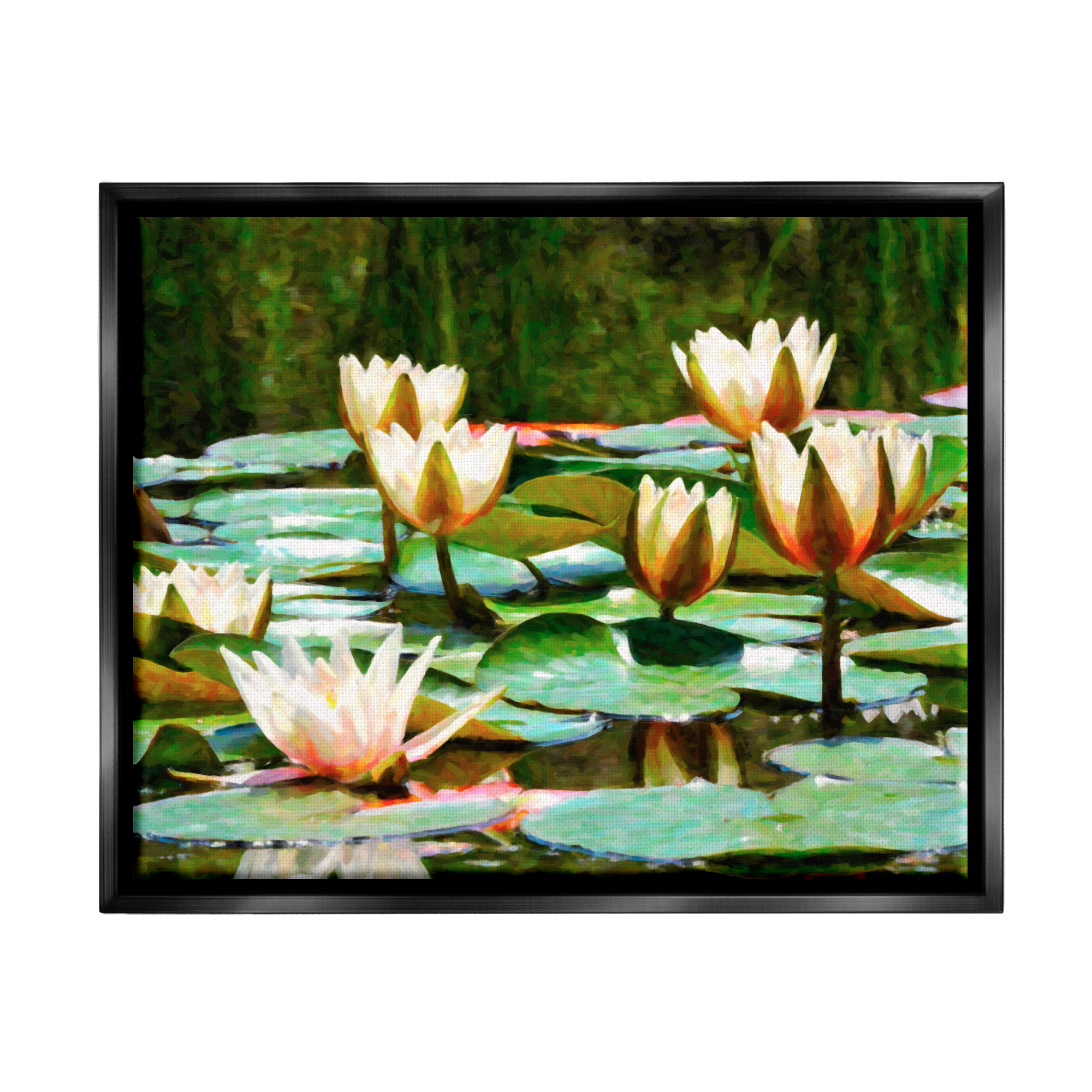 Stupell Industries Pond Lilies Blooming Botanical & Floral Painting Black Floater Framed Art Print Wall Art, 21 x 17