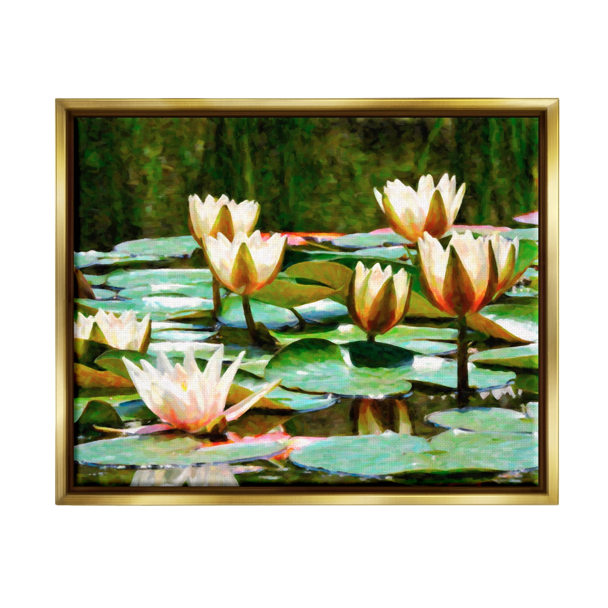 Stupell Industries Pond Lilies Blooming Botanical & Floral Painting Gold Floater Framed Art Print Wall Art, 31 x 25