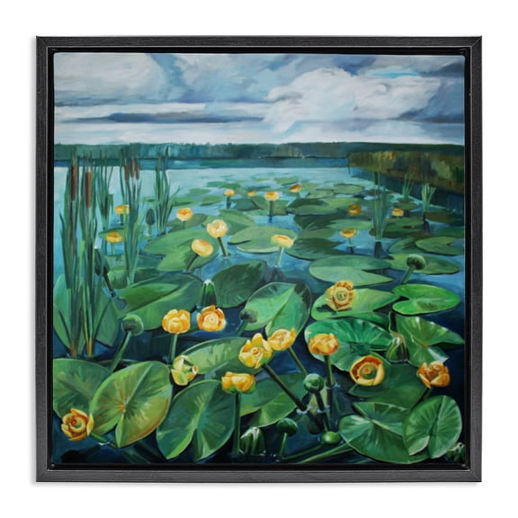 Stupell Industries Pond Lilies with Clouds Overhead Black Framed Floater Canvas Wall Art design by Violeta Vollmer, 25 x 25