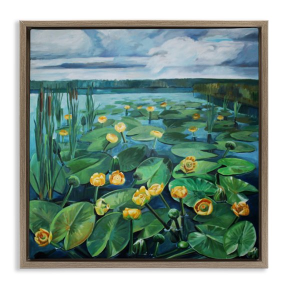 Stupell Industries Pond Lilies with Clouds Overhead Brown Framed Floater Canvas Wall Art design by Violeta Vollmer, 18 x 18