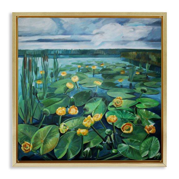 Stupell Industries Pond Lilies with Clouds Overhead Gold Framed Floater Canvas Wall Art design by Violeta Vollmer, 25 x 25