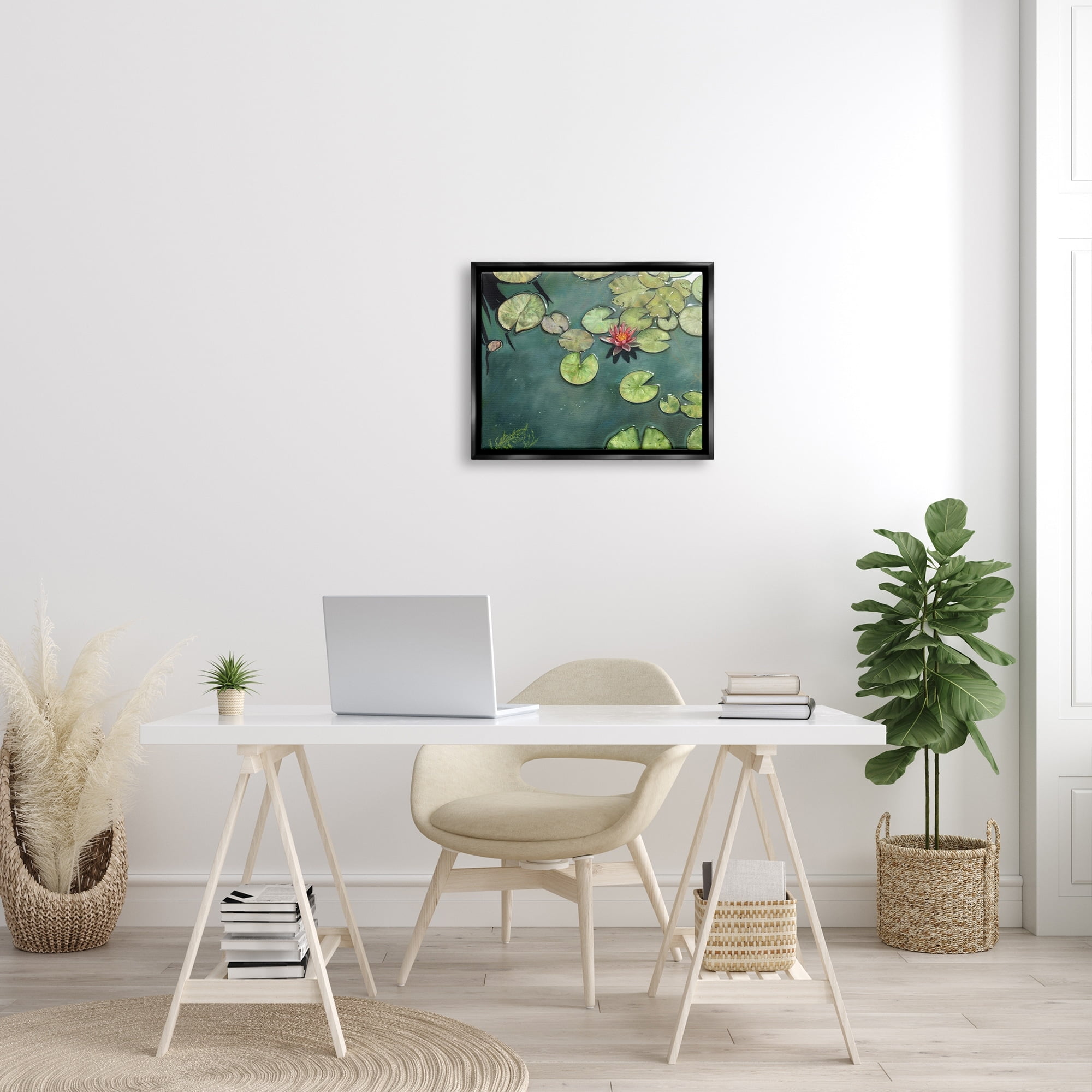 Stupell Industries Pond Lily Lotus Blossom Floating Peaceful Botanicals Painting Jet Black Floating Framed Canvas Print Wall Art, Design by David Stribbling