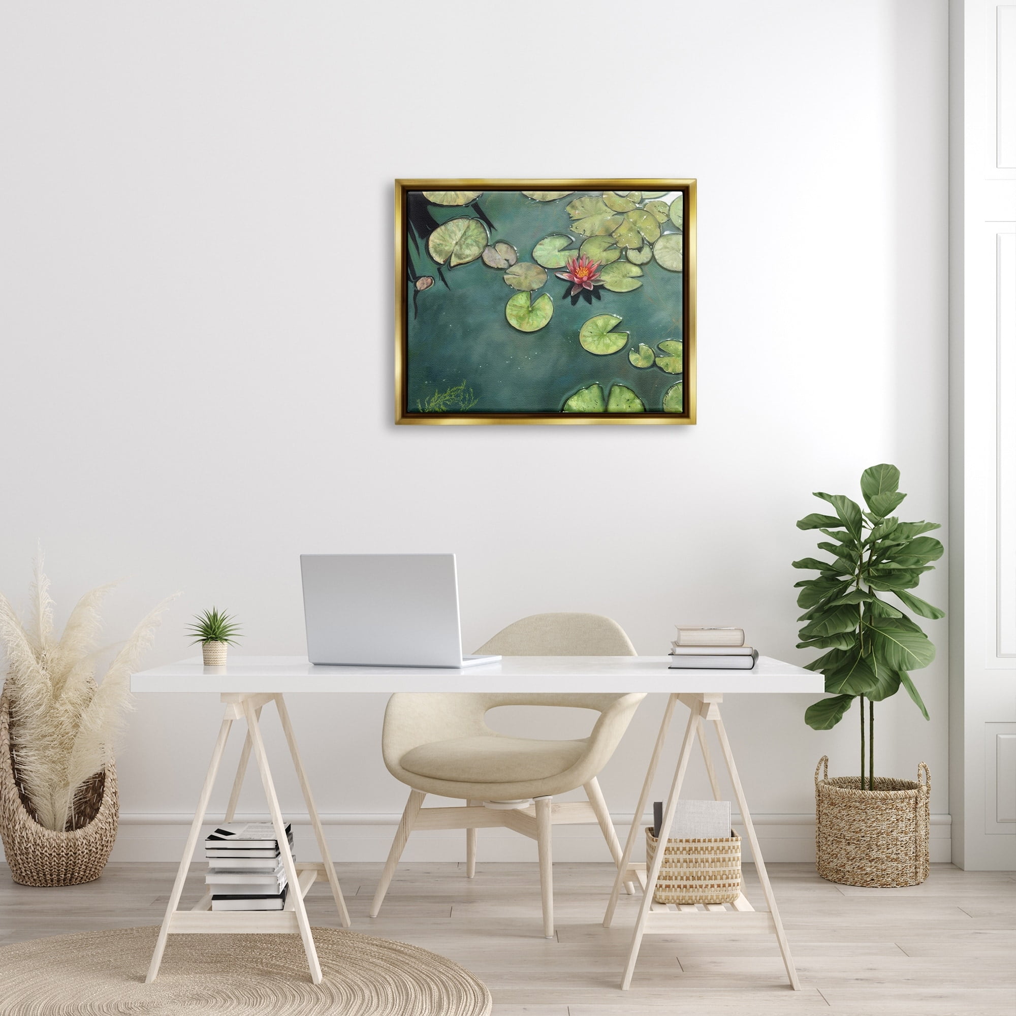 Stupell Industries Pond Lily Lotus Blossom Floating Peaceful Botanicals Painting Metallic Gold Floating Framed Canvas Print Wall Art, Design by David Stribbling