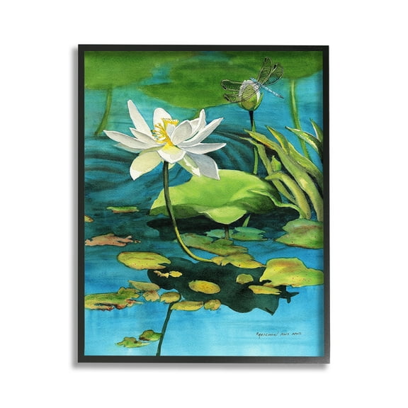 Stupell Industries Pond Lotus & Dragonfly Botanical & Floral Painting Black Framed Art Print Wall Art, 11 x 14