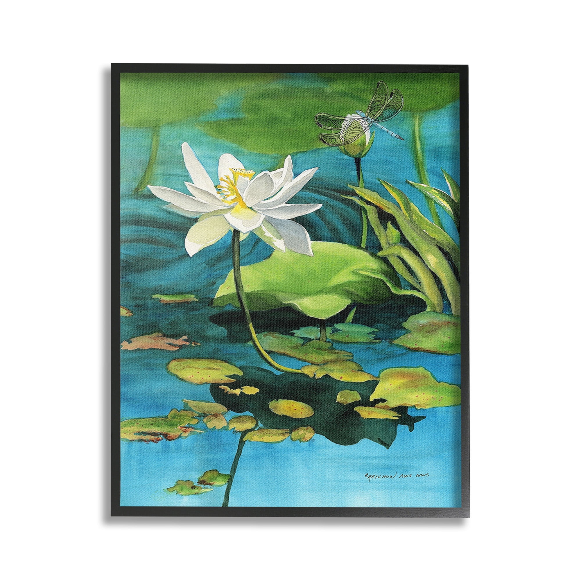 Stupell Industries Pond Lotus & Dragonfly Botanical & Floral Painting Black Framed Art Print Wall Art, 16 x 20